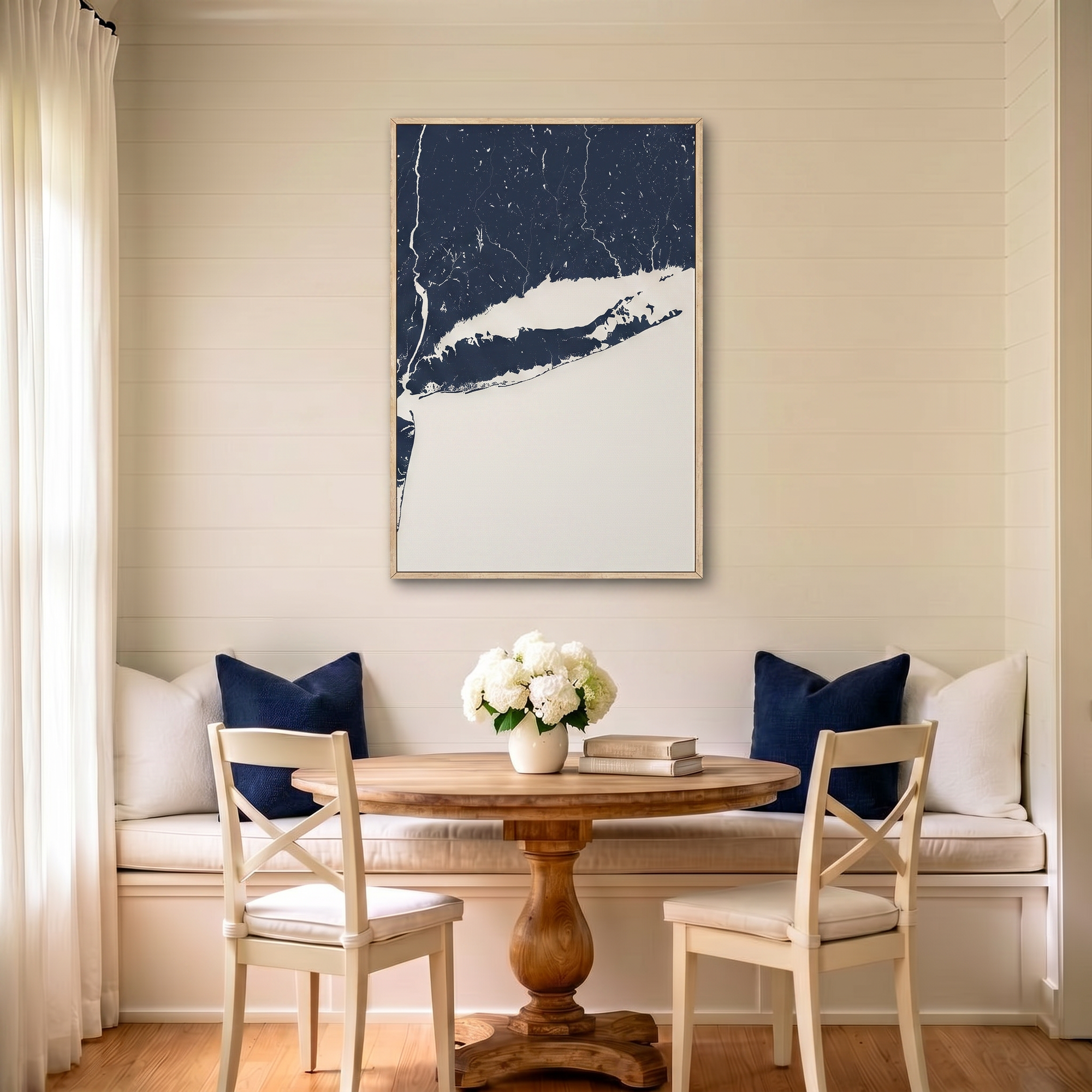Long Island canvas map art in dining nook setting