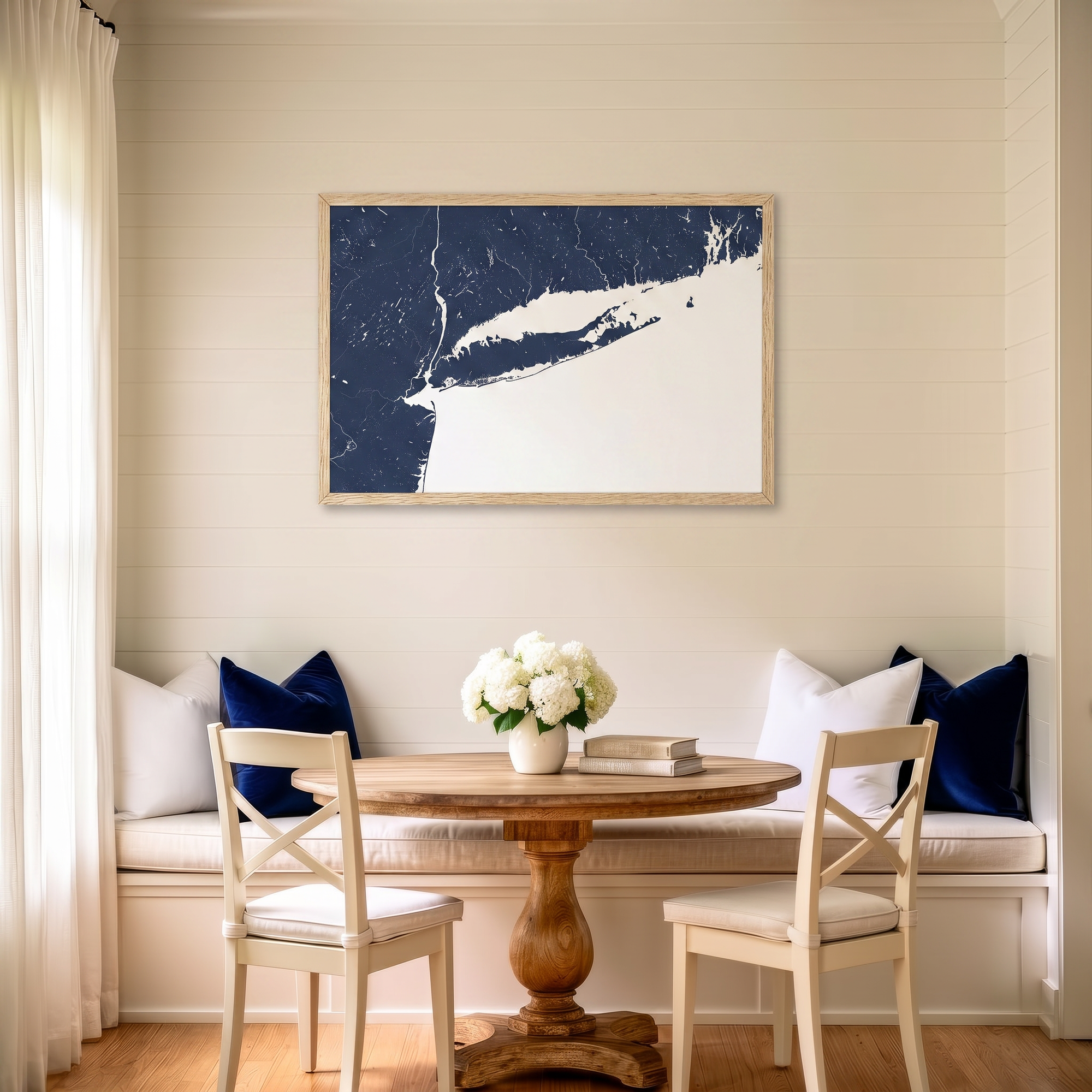 Long Island matte map art in dining nook setting