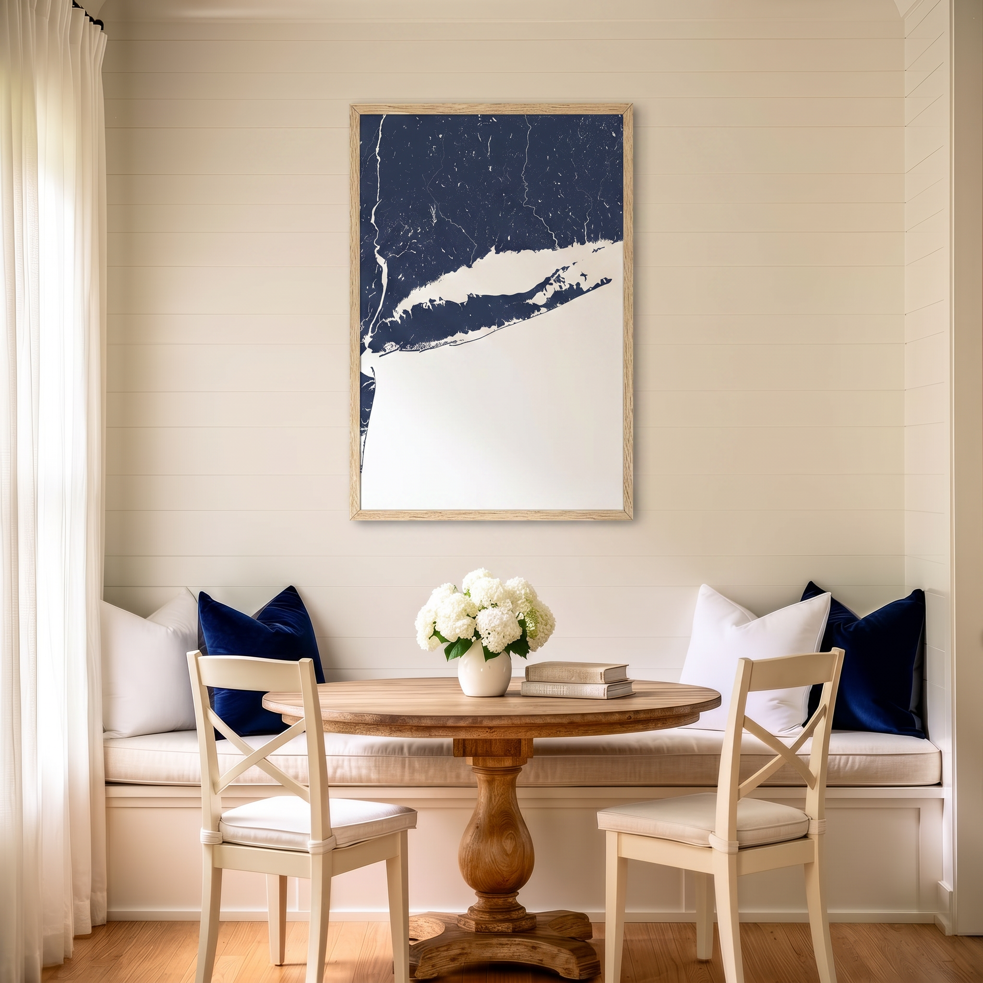 Long Island matte map art in dining nook setting