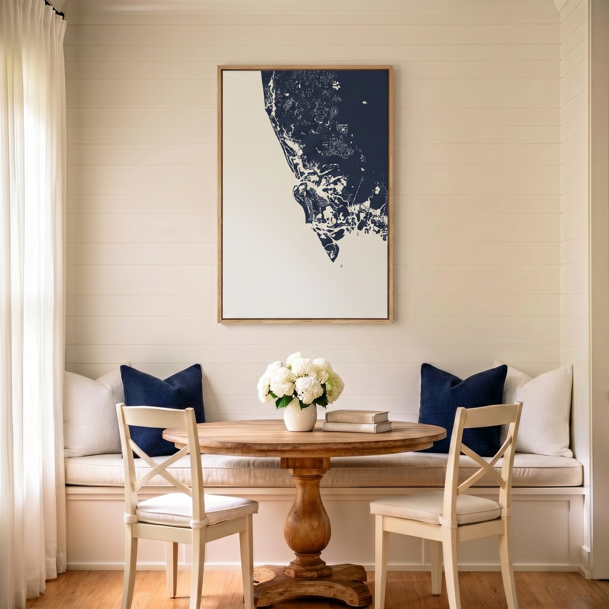 Marco Island canvas map art in dining nook setting