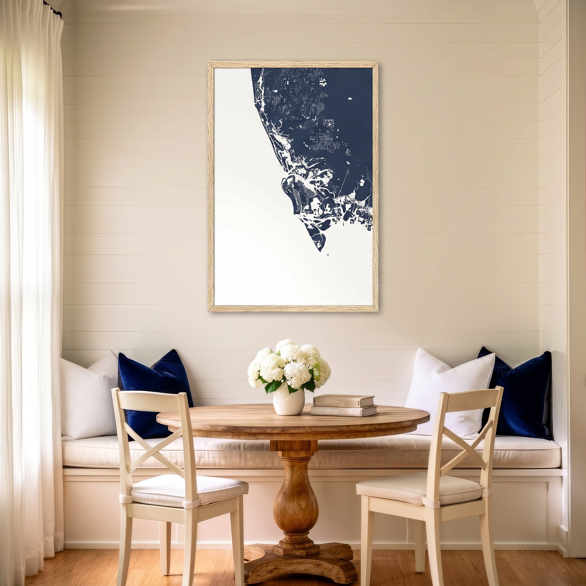 Marco Island matte map art in dining nook setting