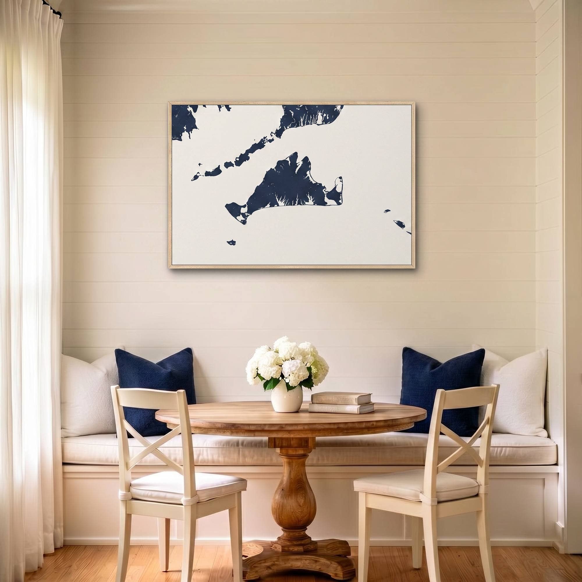 Martha's Vineyard canvas map art in dining nook setting