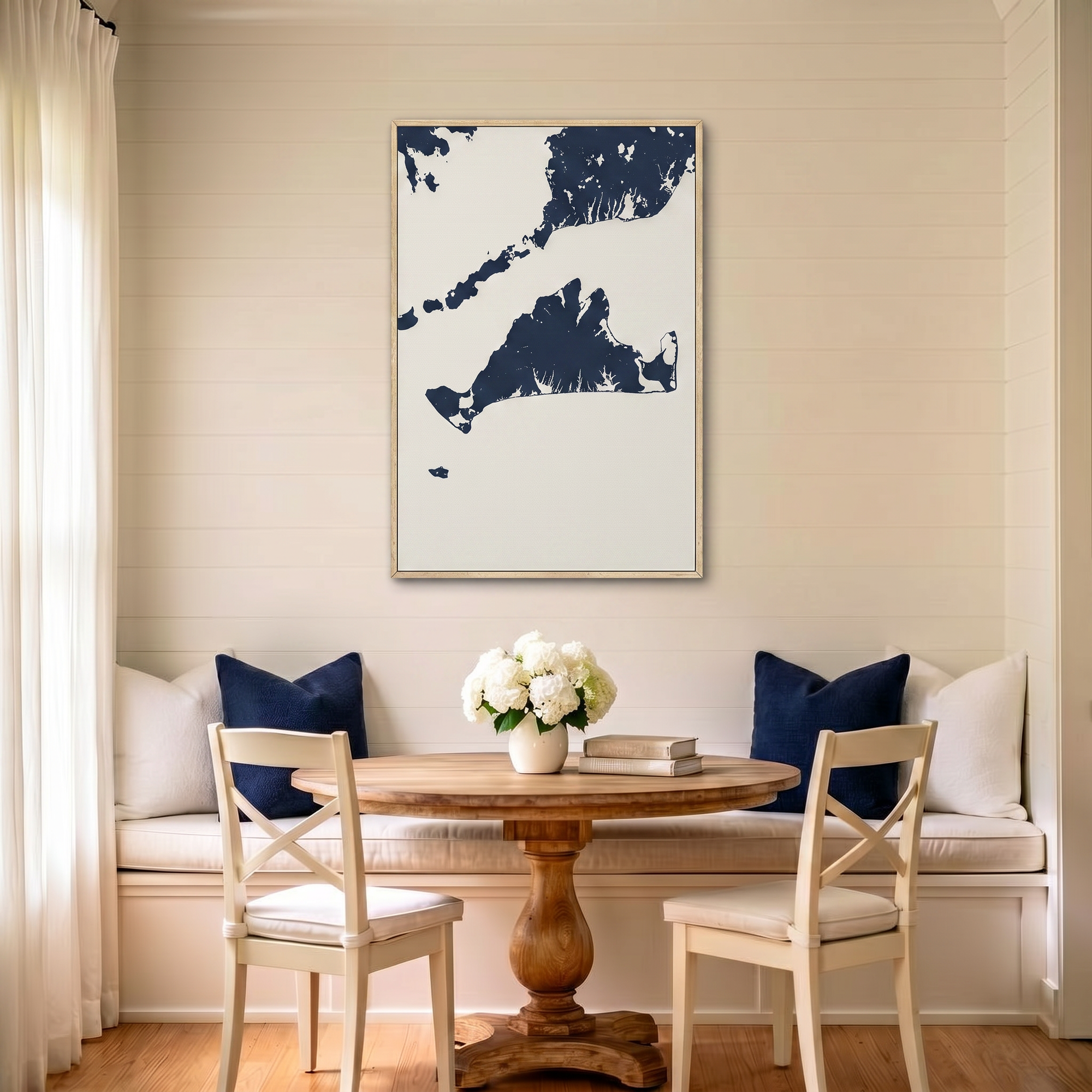 Martha's Vineyard canvas map art in dining nook setting