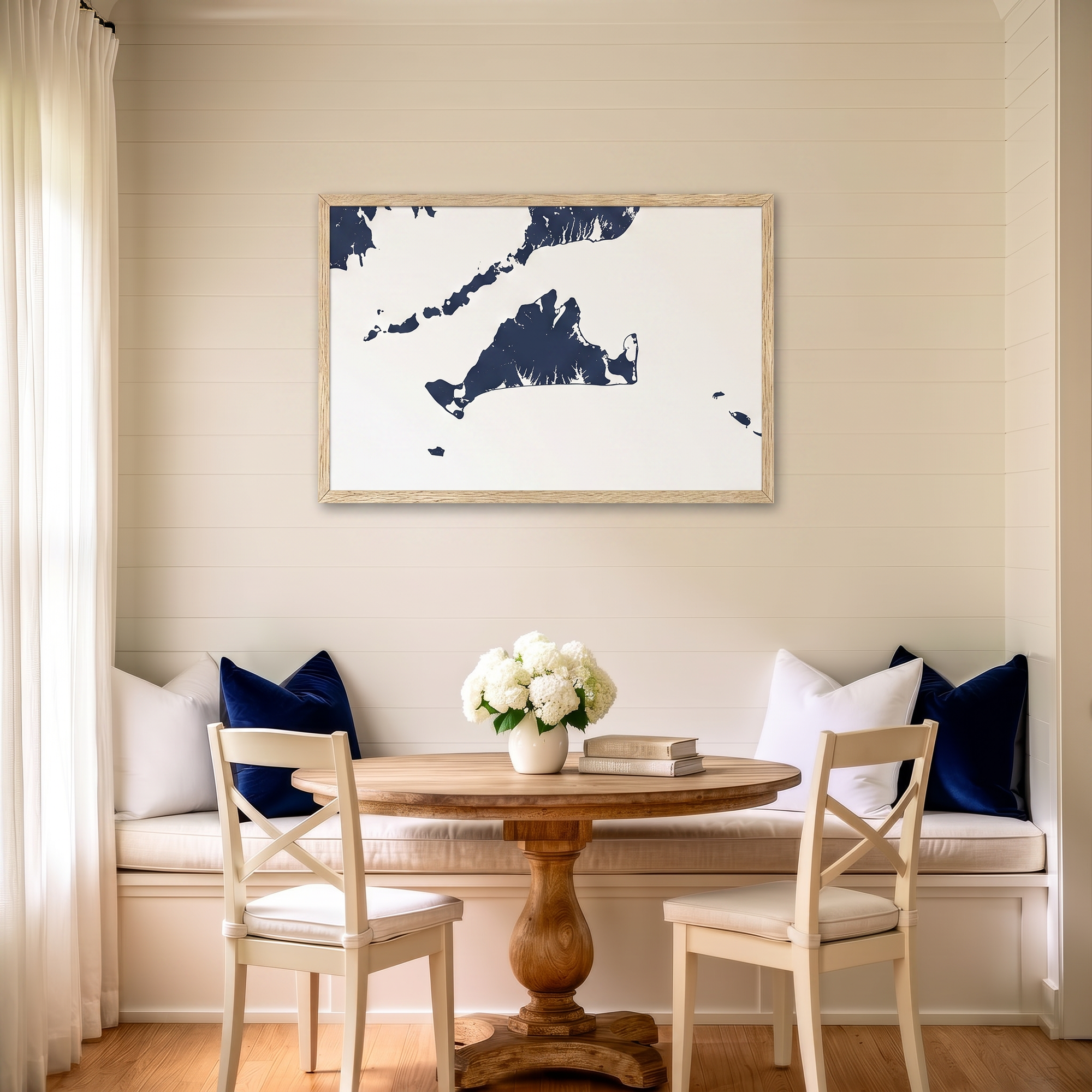 Martha's Vineyard matte map art in dining nook setting