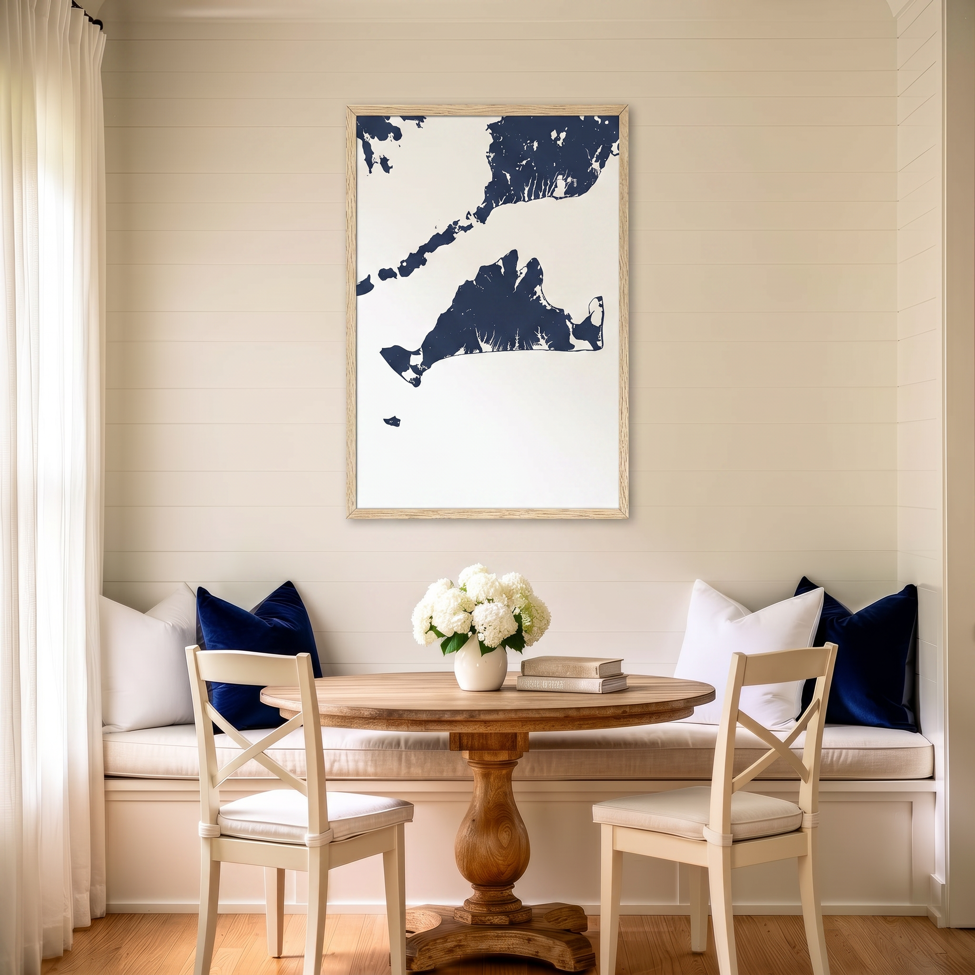 Martha's Vineyard matte map art in dining nook setting