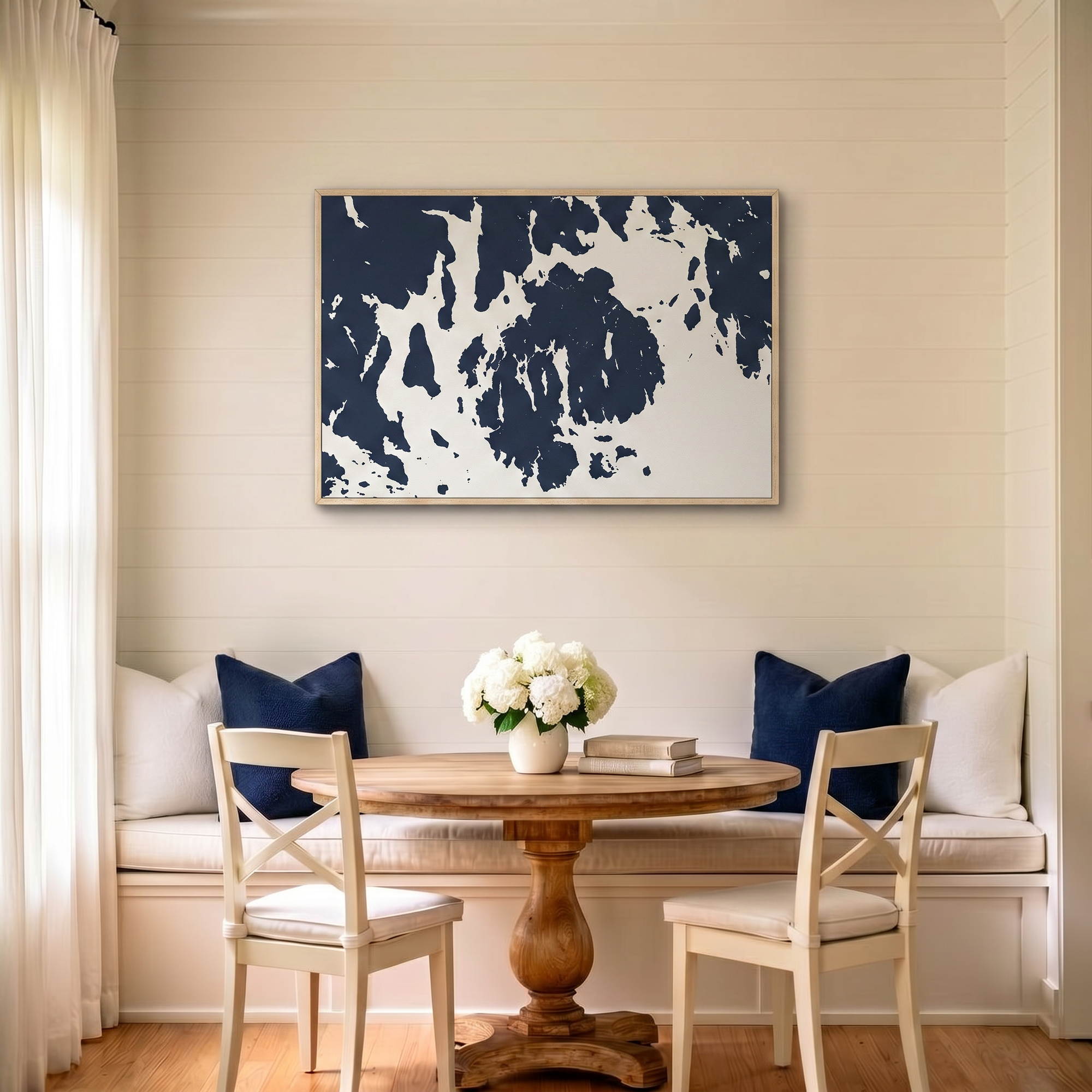Mount Desert canvas map art in dining nook setting