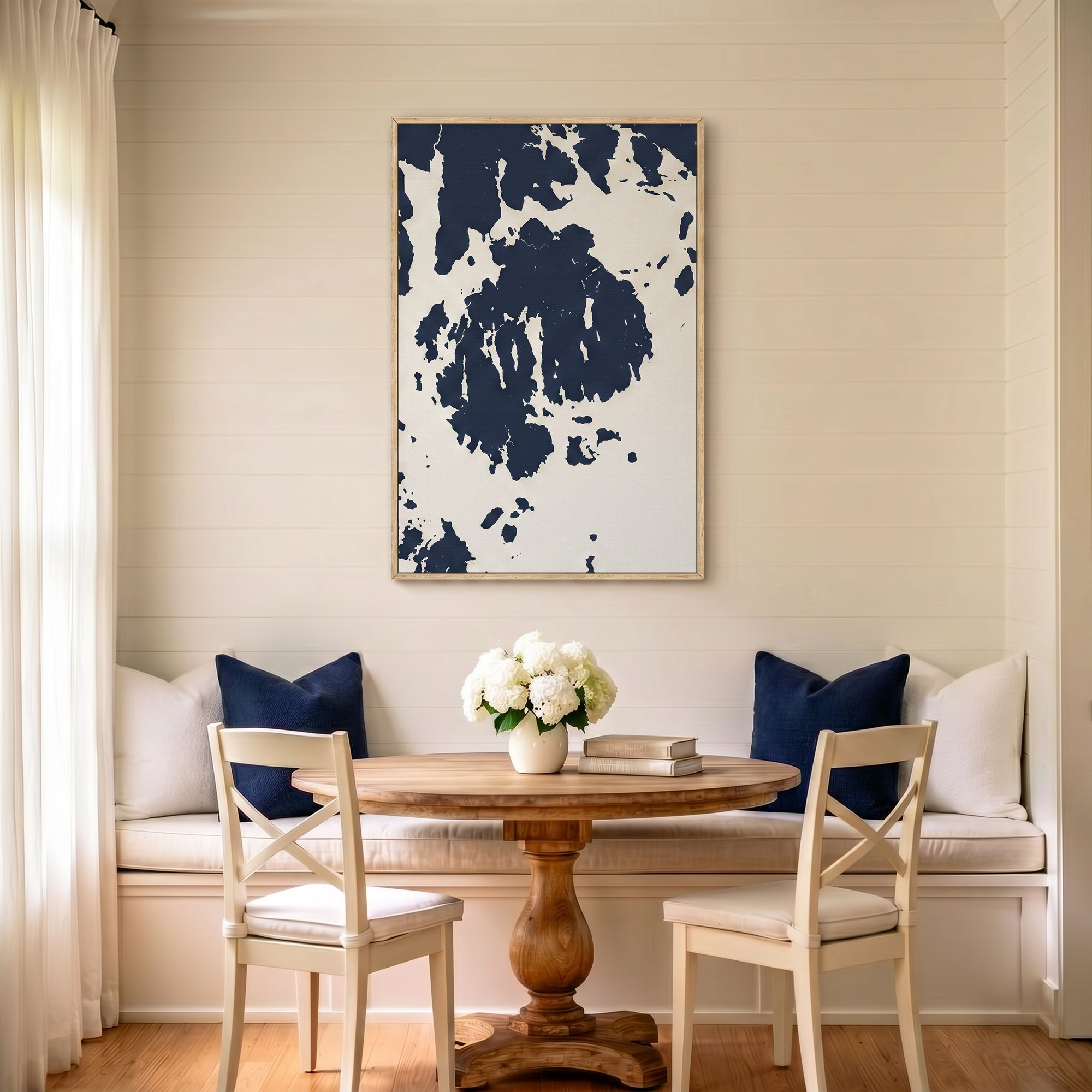 Mount Desert canvas map art in dining nook setting