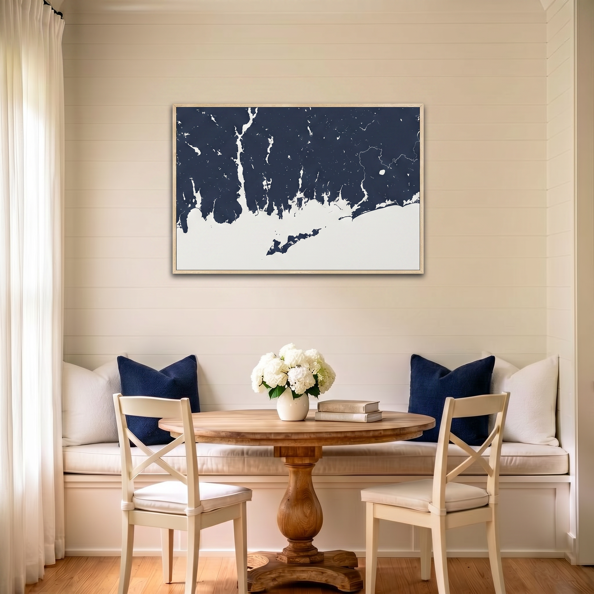 Mystic canvas map art in dining nook setting