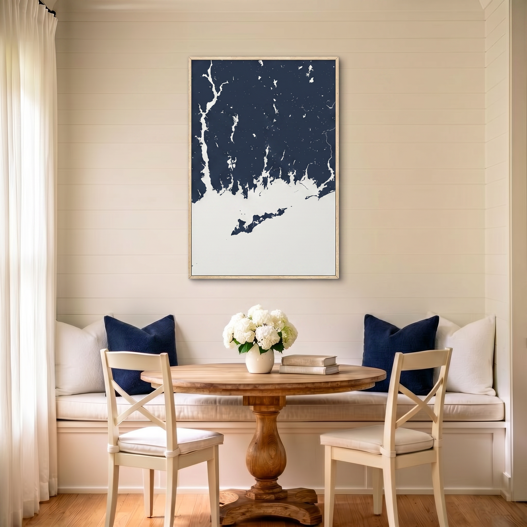Mystic canvas map art in dining nook setting
