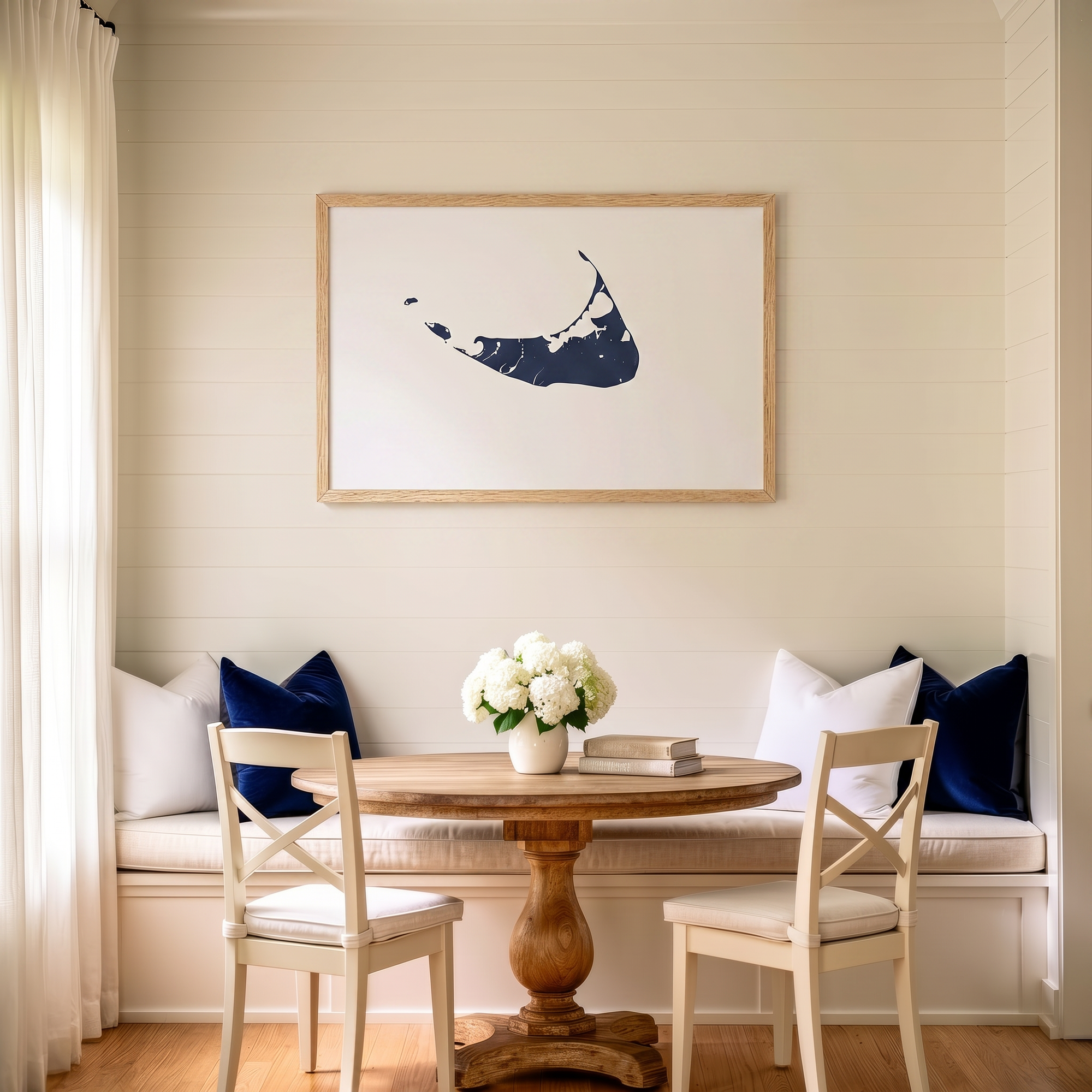 Nantucket matte map art in dining nook setting