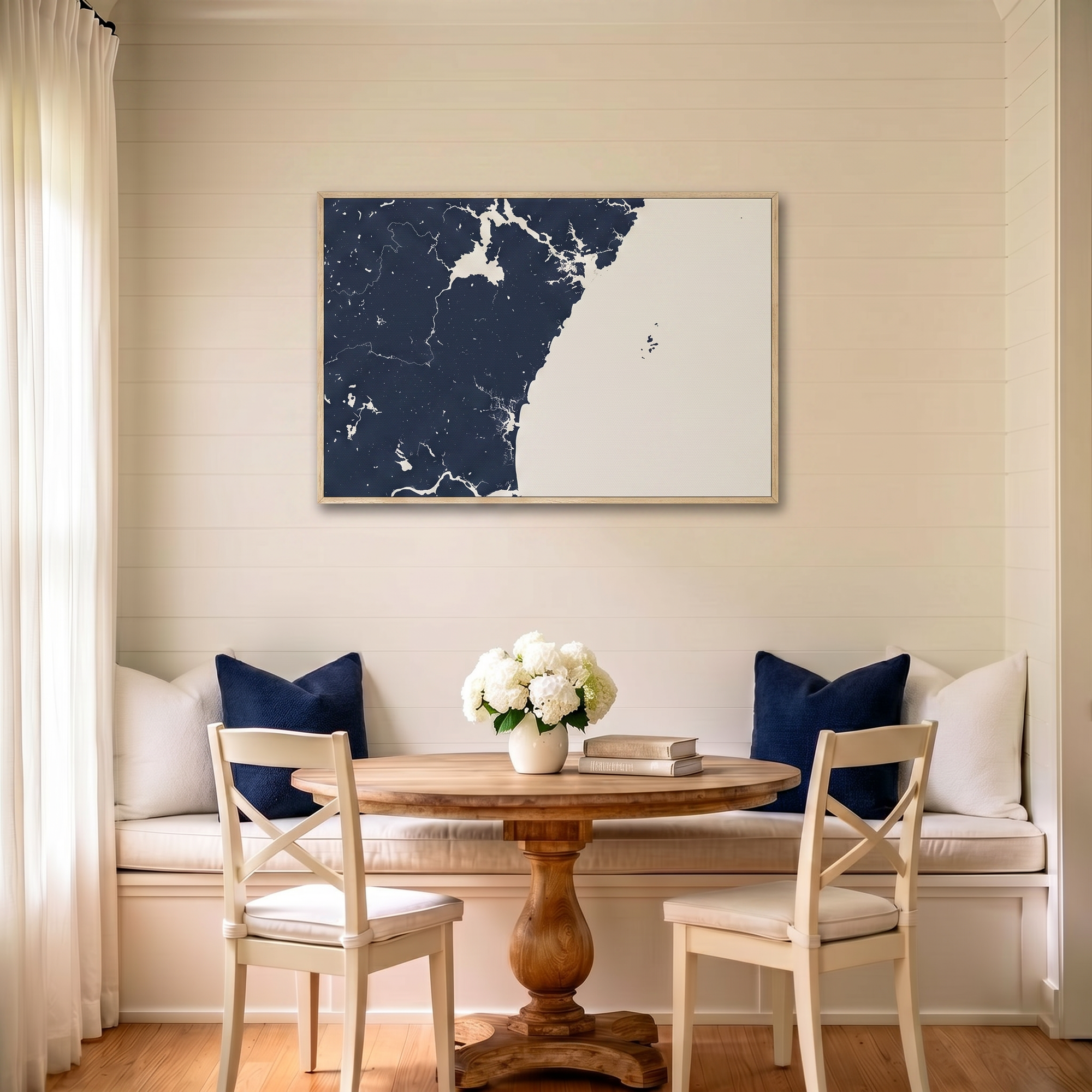 New Hampshire Coast canvas map art in dining nook setting