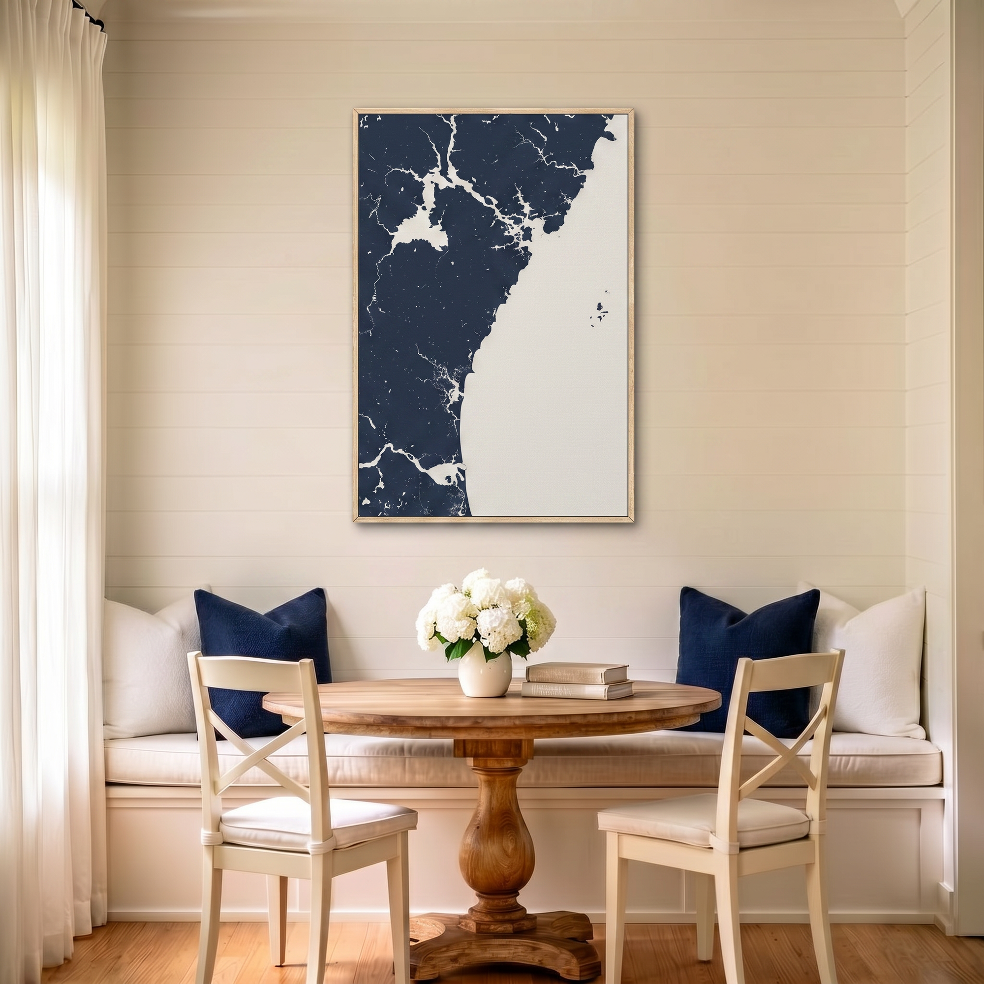 New Hampshire Coast canvas map art in dining nook setting