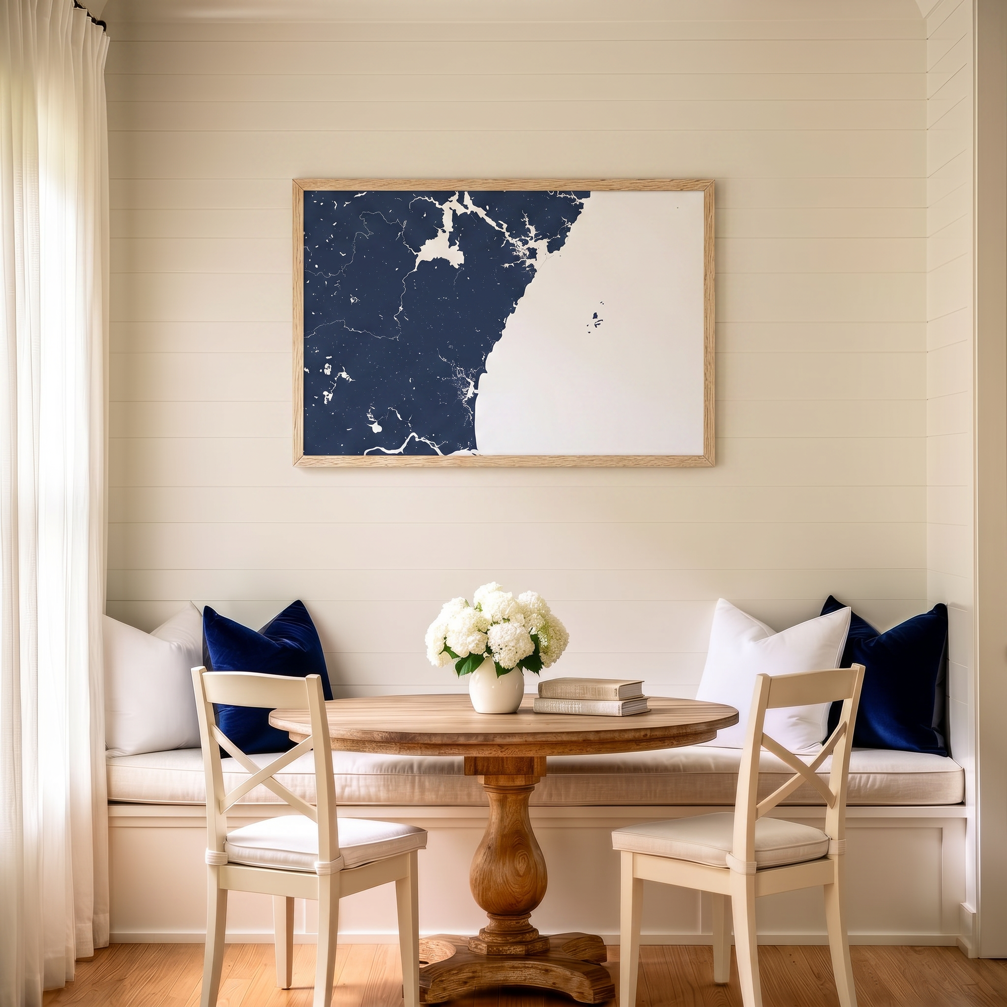 New Hampshire Coast matte map art in dining nook setting