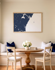 New Hampshire Coast matte map art in dining nook setting