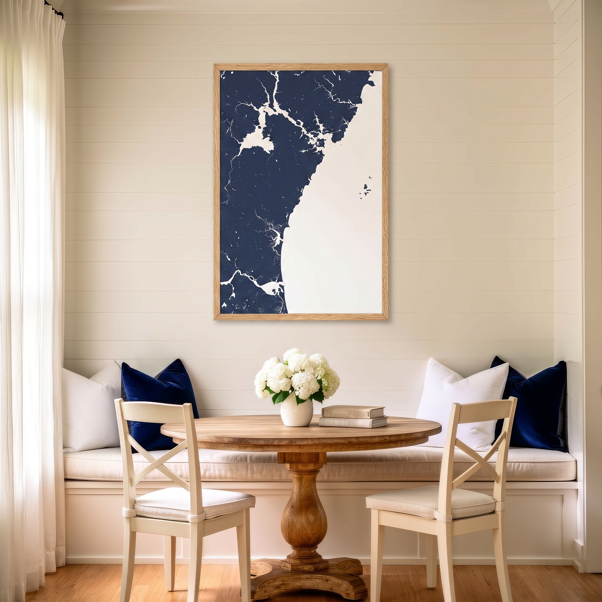 New Hampshire Coast matte map art in dining nook setting