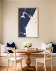 New Hampshire Coast matte map art in dining nook setting