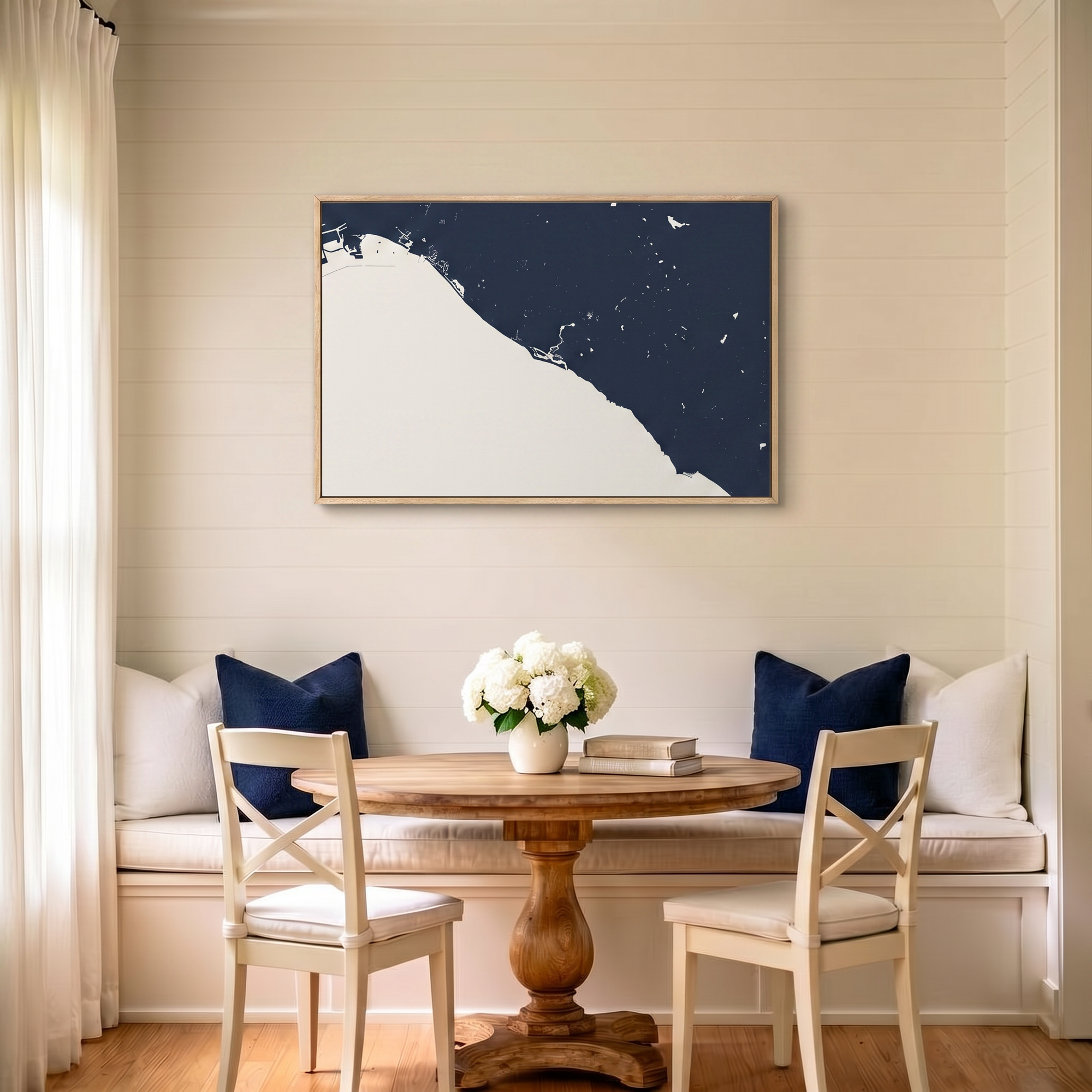 Newport Beach canvas map art in dining nook setting