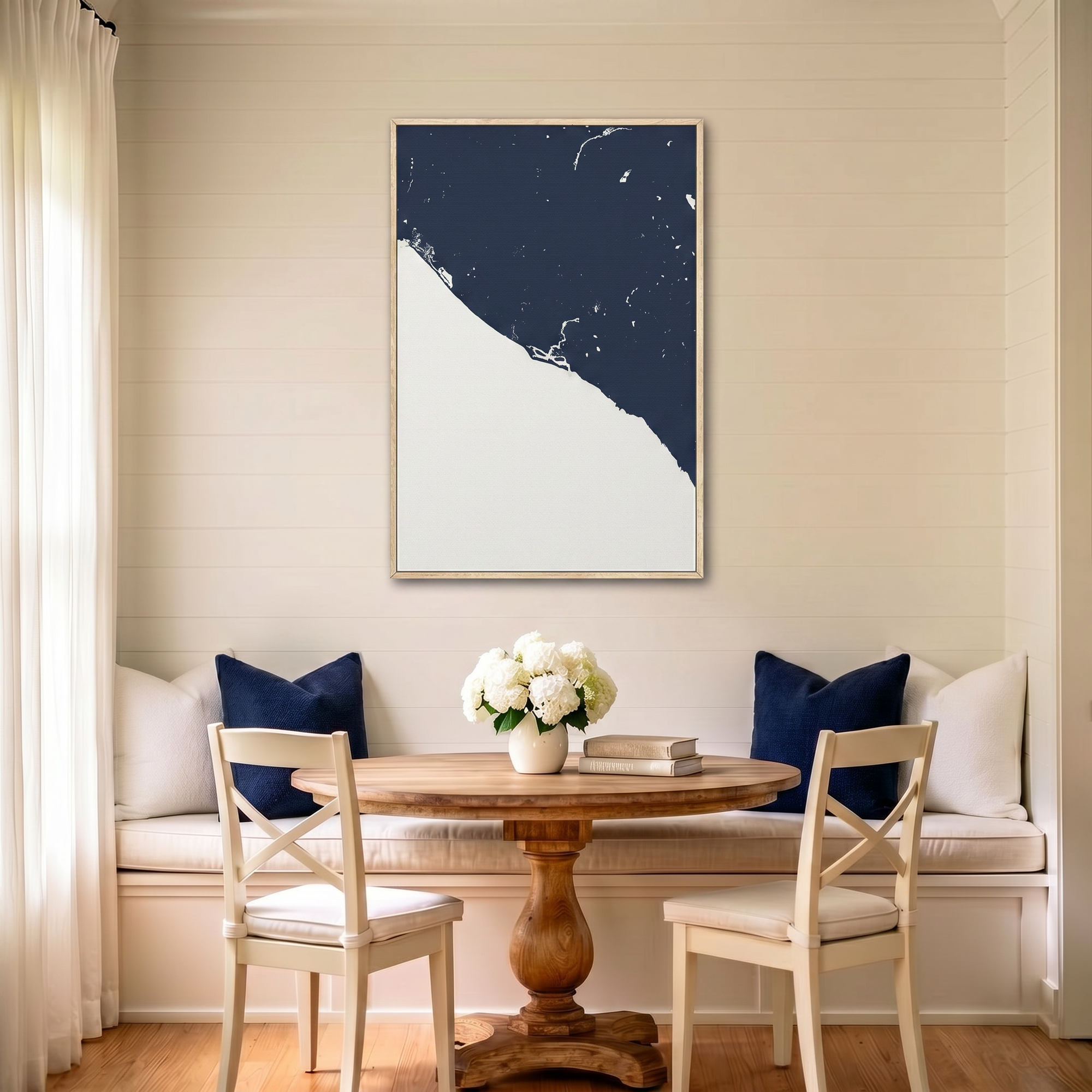 Newport Beach canvas map art in dining nook setting
