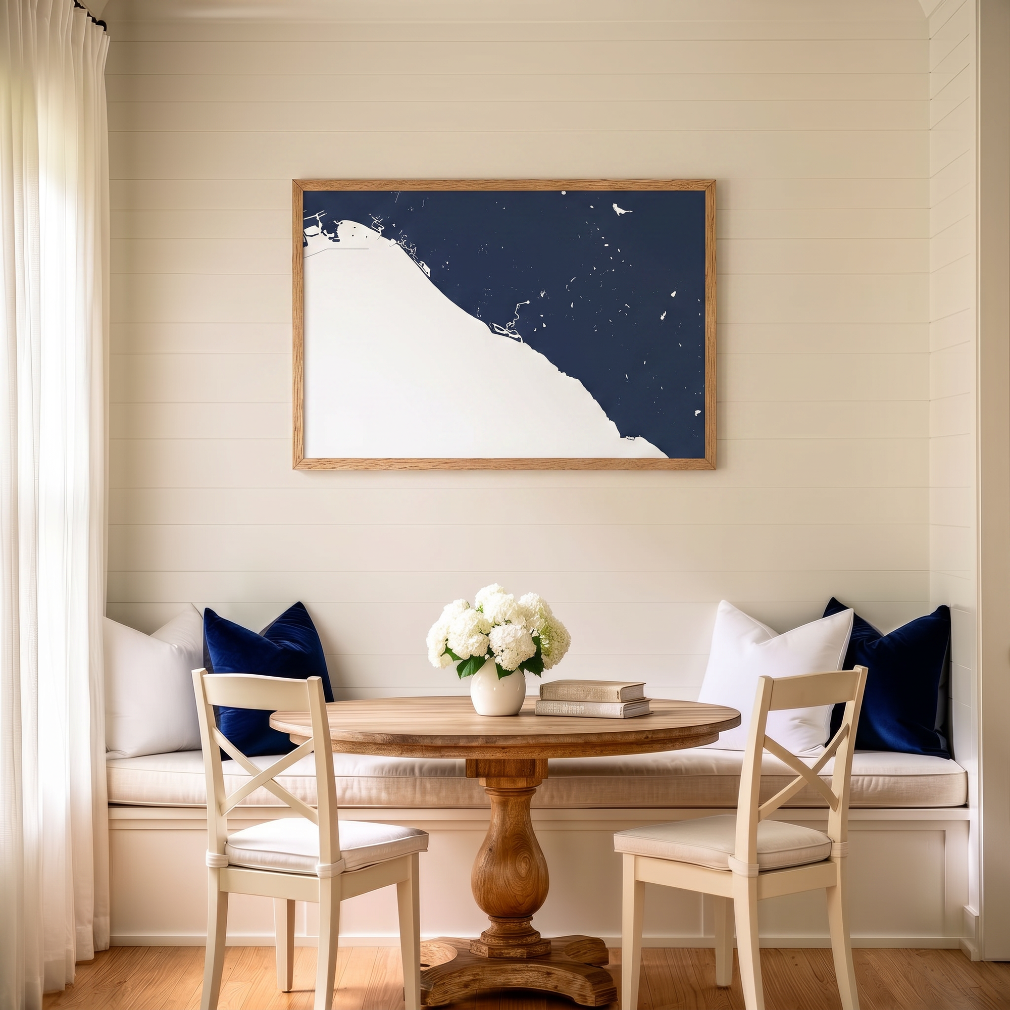 Newport Beach matte map art in dining nook setting