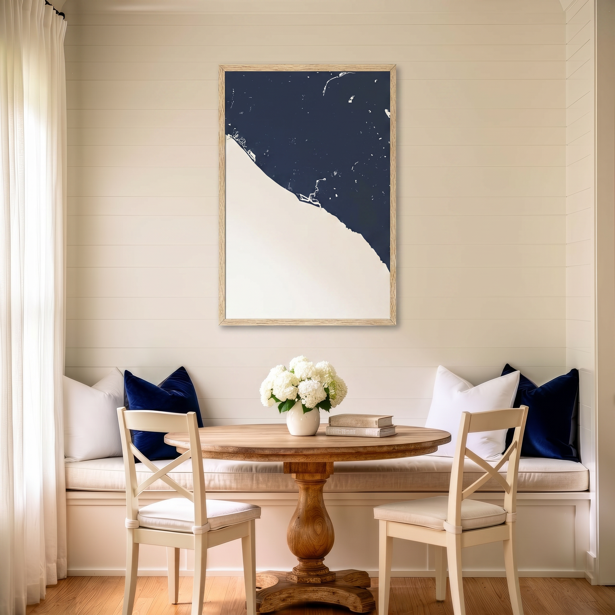 Newport Beach matte map art in dining nook setting