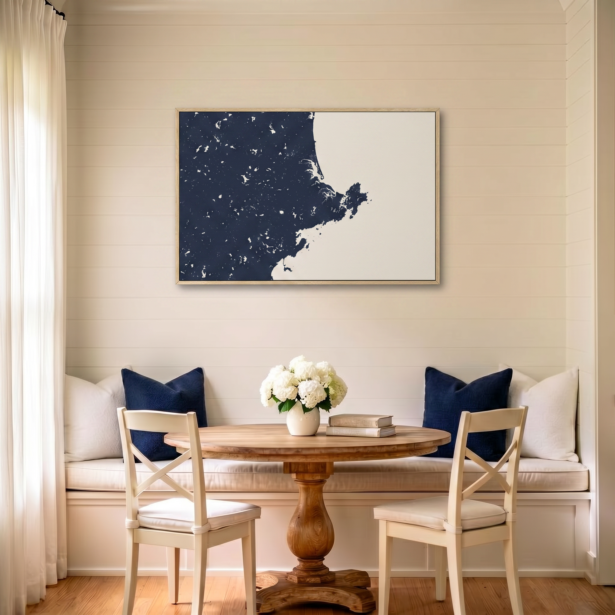 North Shore Massachusetts canvas map art in dining nook setting