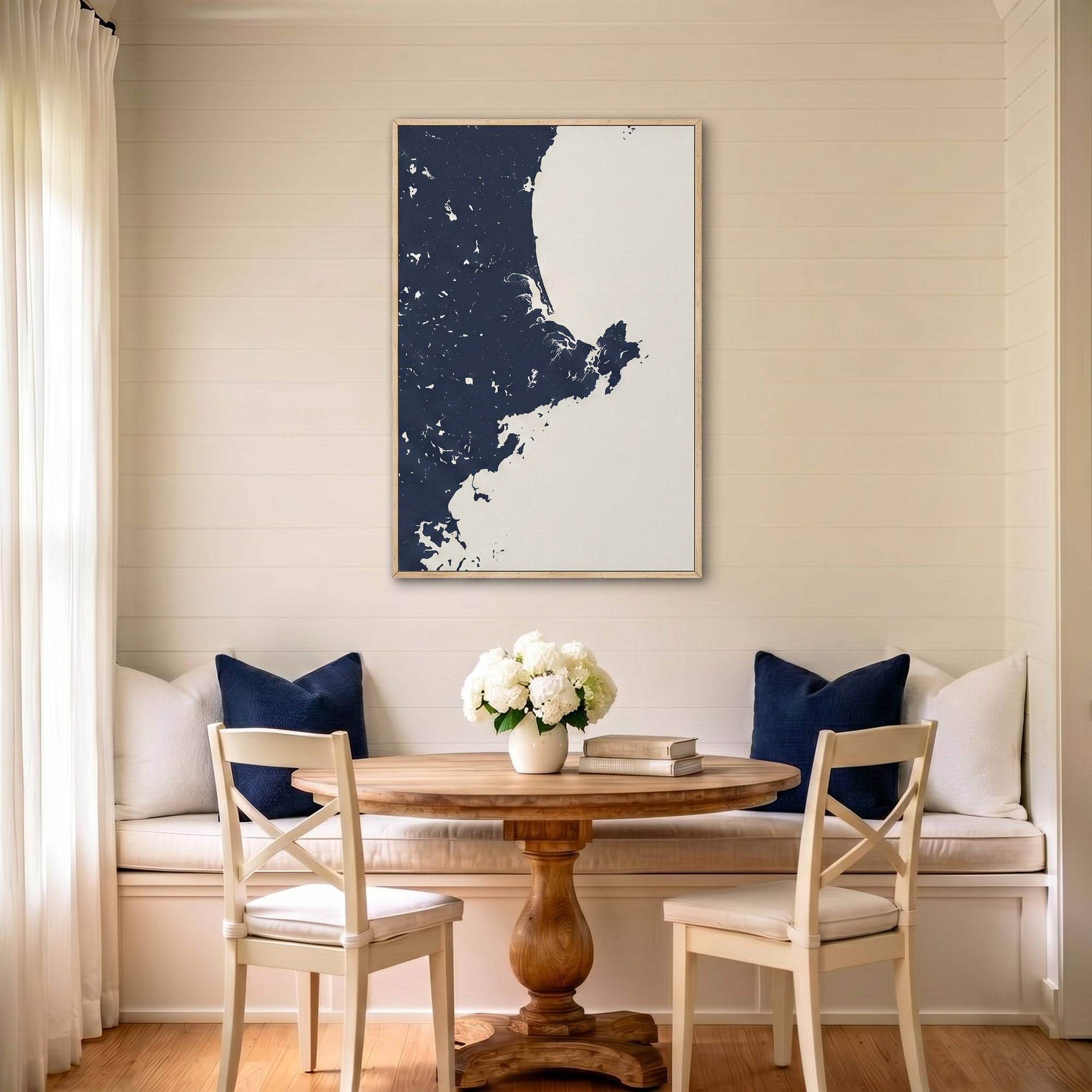 North Shore Massachusetts canvas map art in dining nook setting