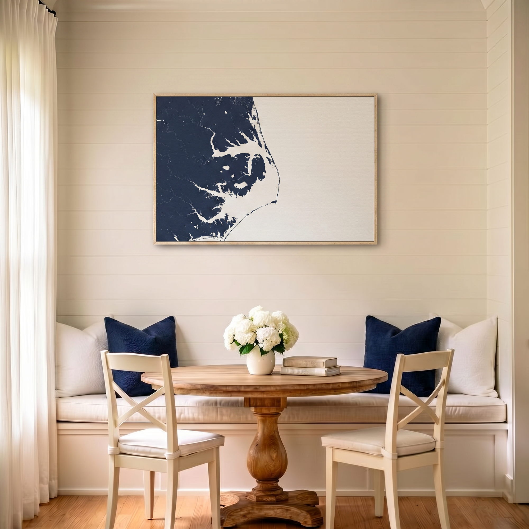 Outer Banks canvas map art in dining nook setting