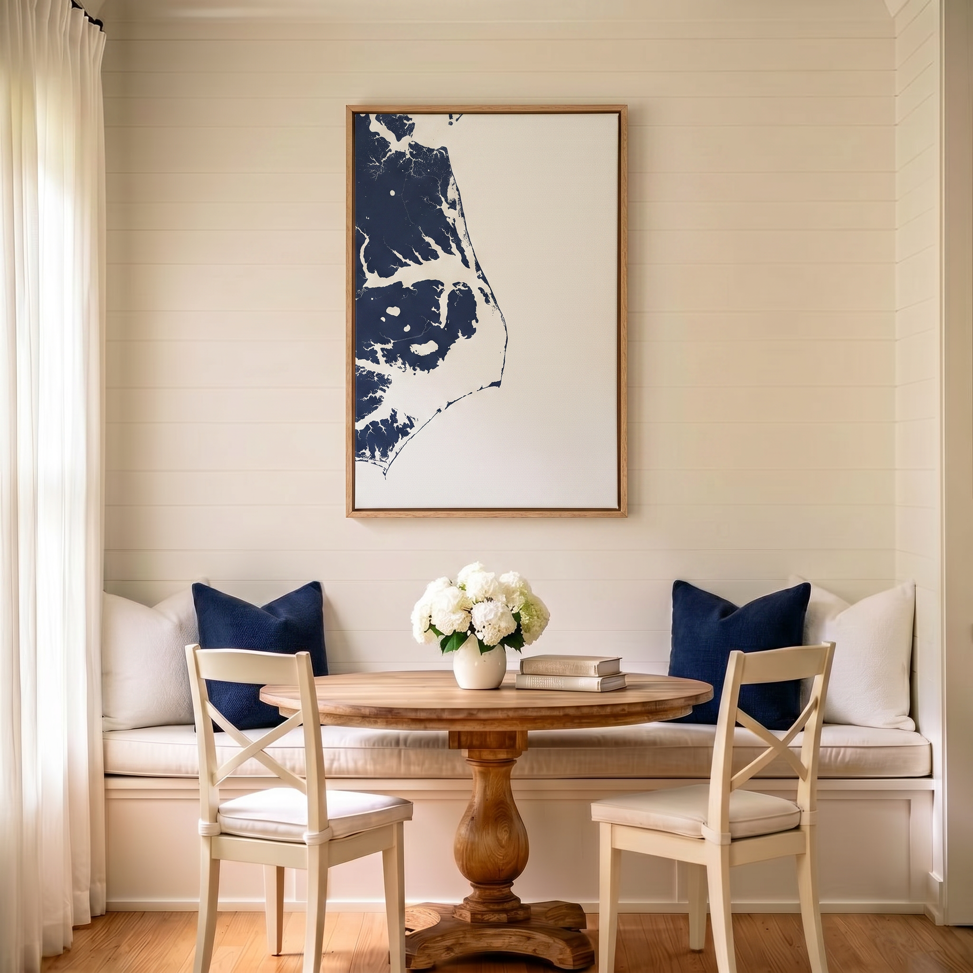 Outer Banks canvas map art in dining nook setting