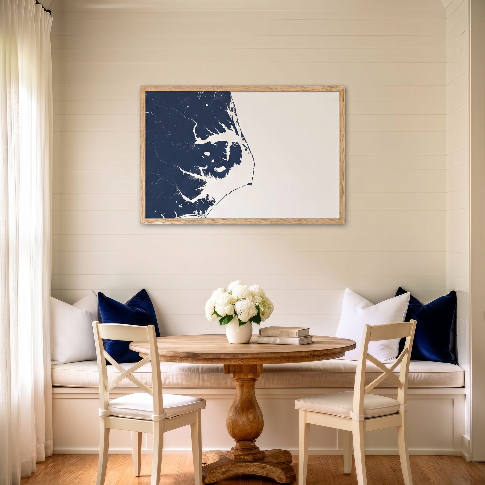 Outer Banks matte map art in dining nook setting