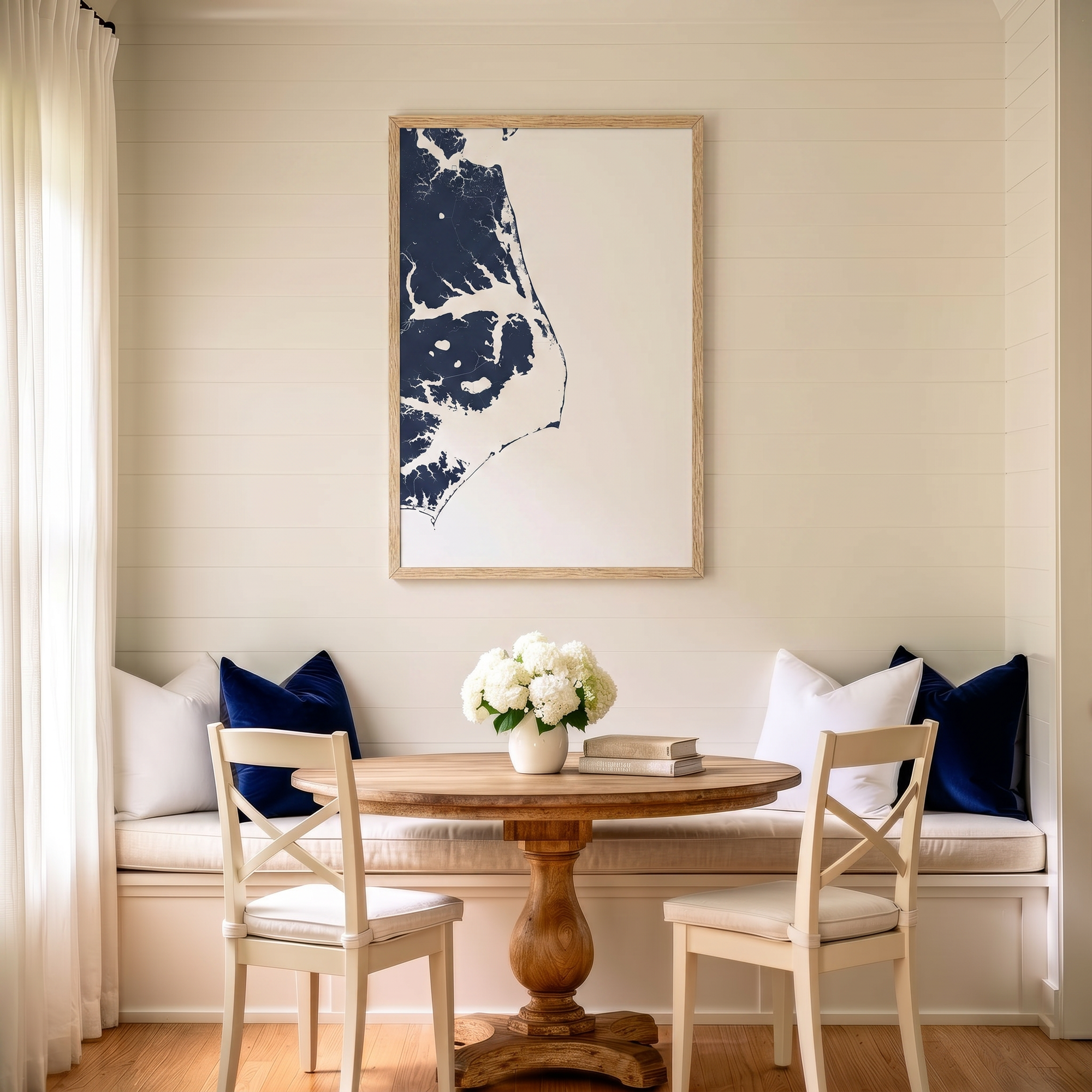 Outer Banks matte map art in dining nook setting