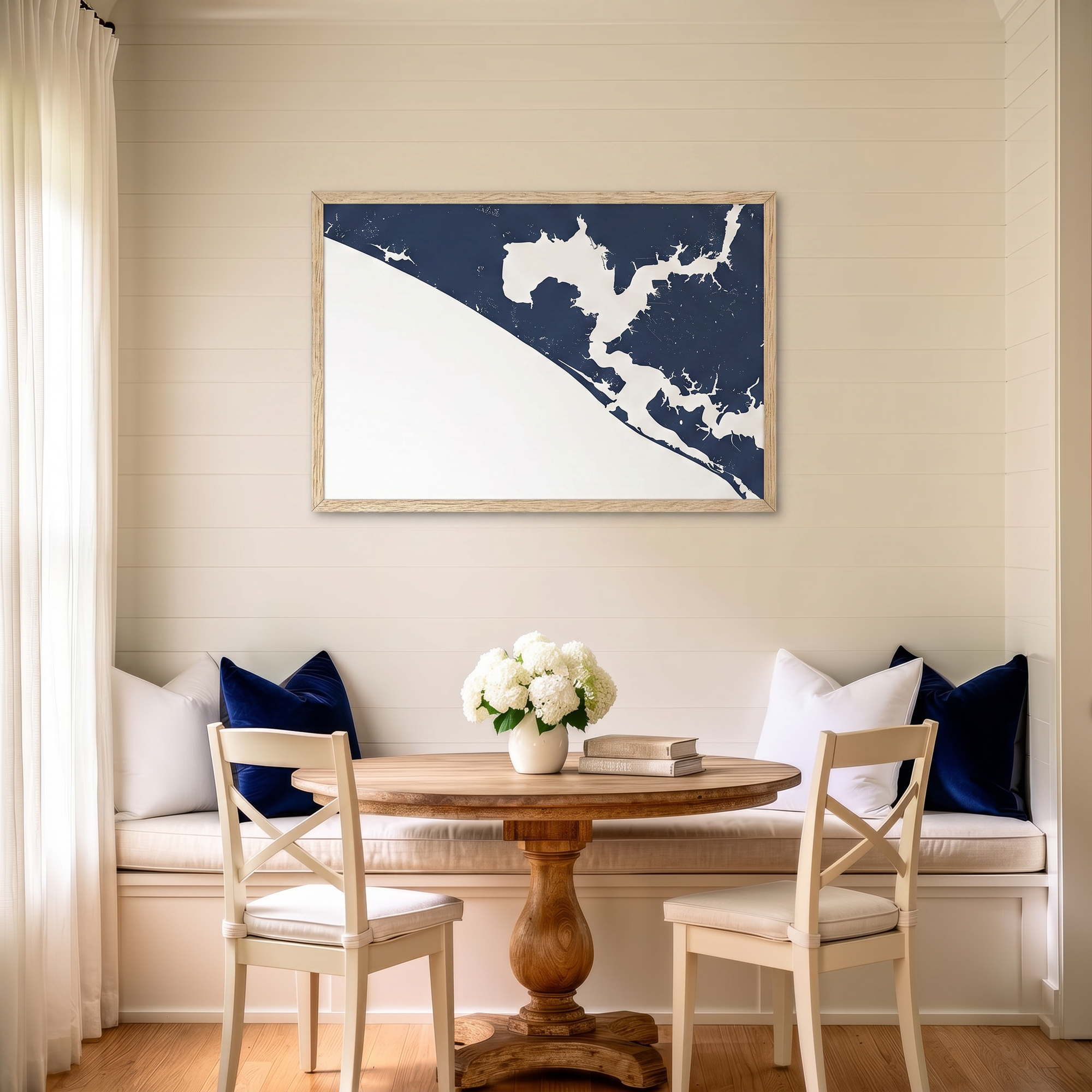 Panama City Beach matte map art in dining nook setting