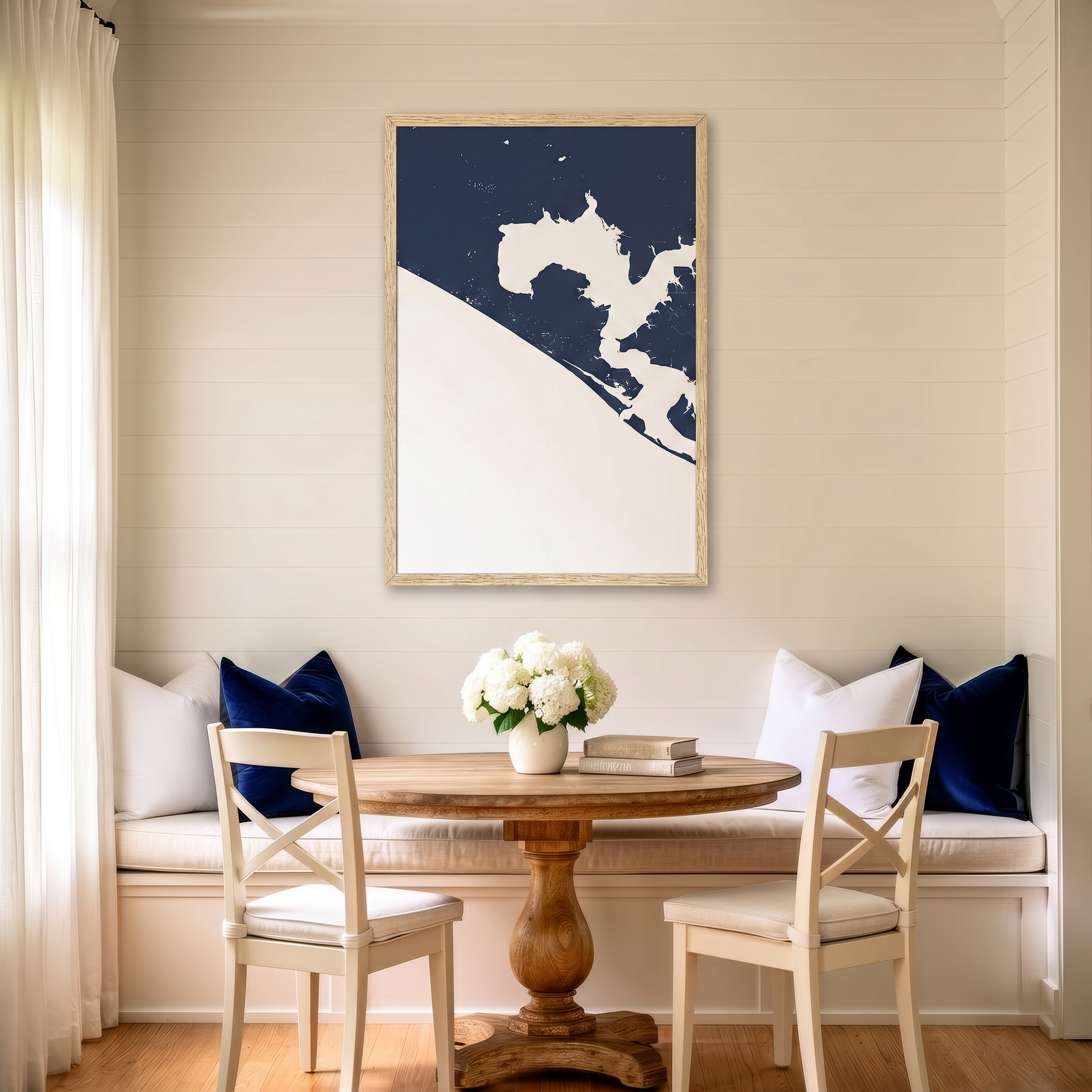 Panama City Beach matte map art in dining nook setting