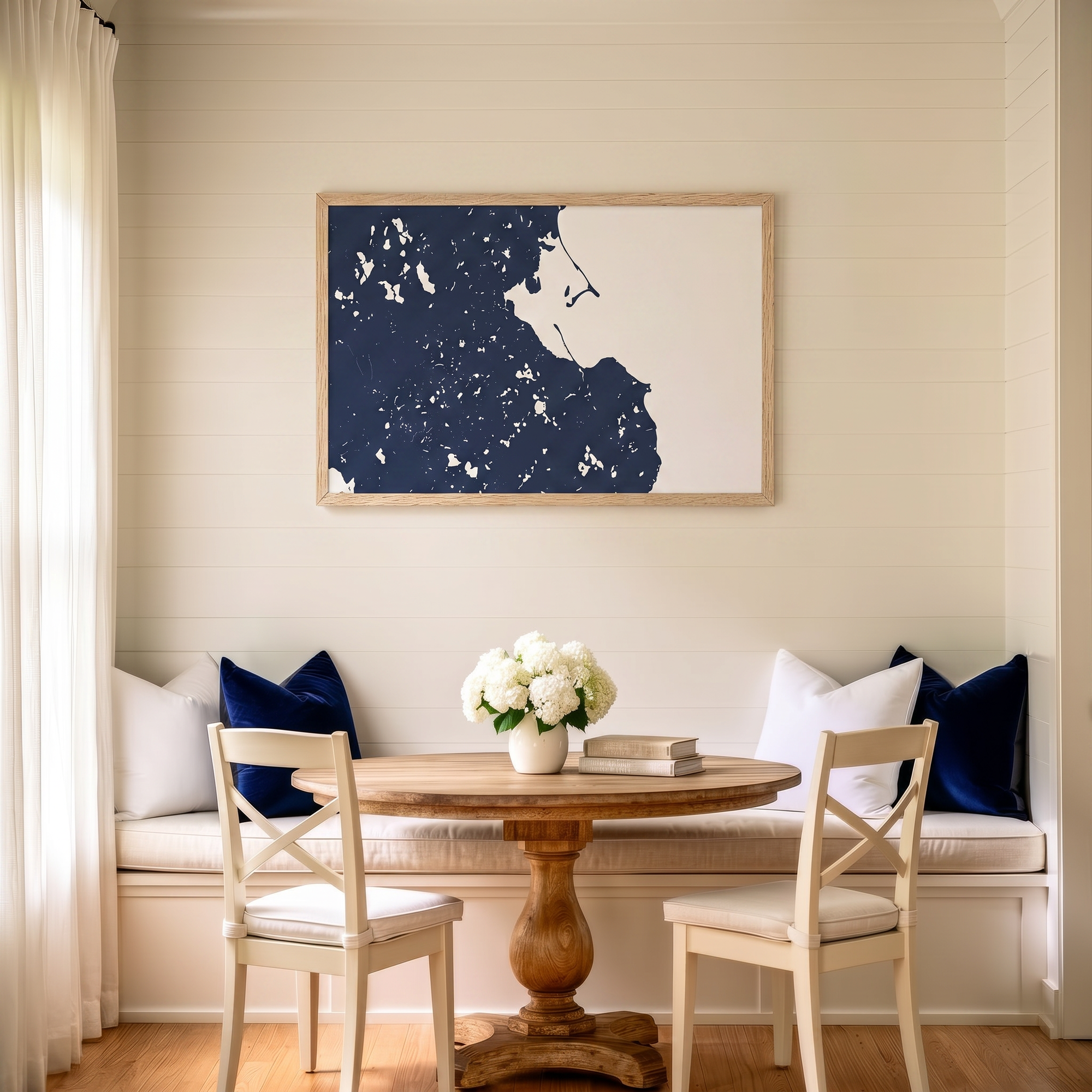 Plymouth matte map art in dining nook setting