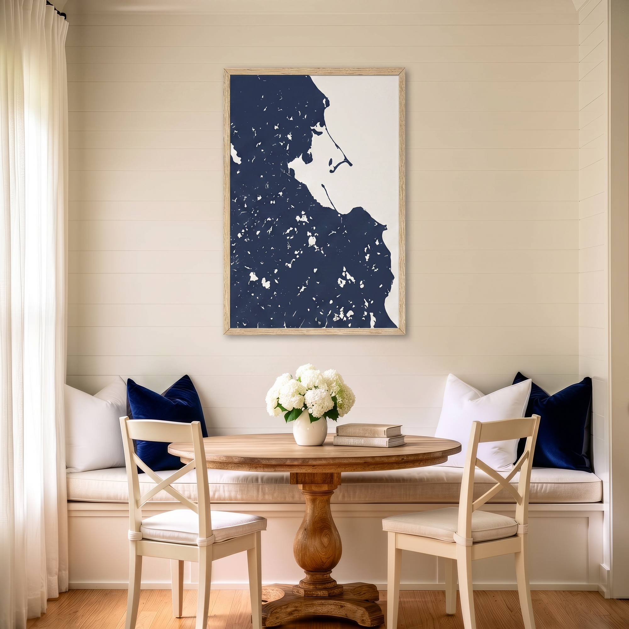 Plymouth matte map art in dining nook setting