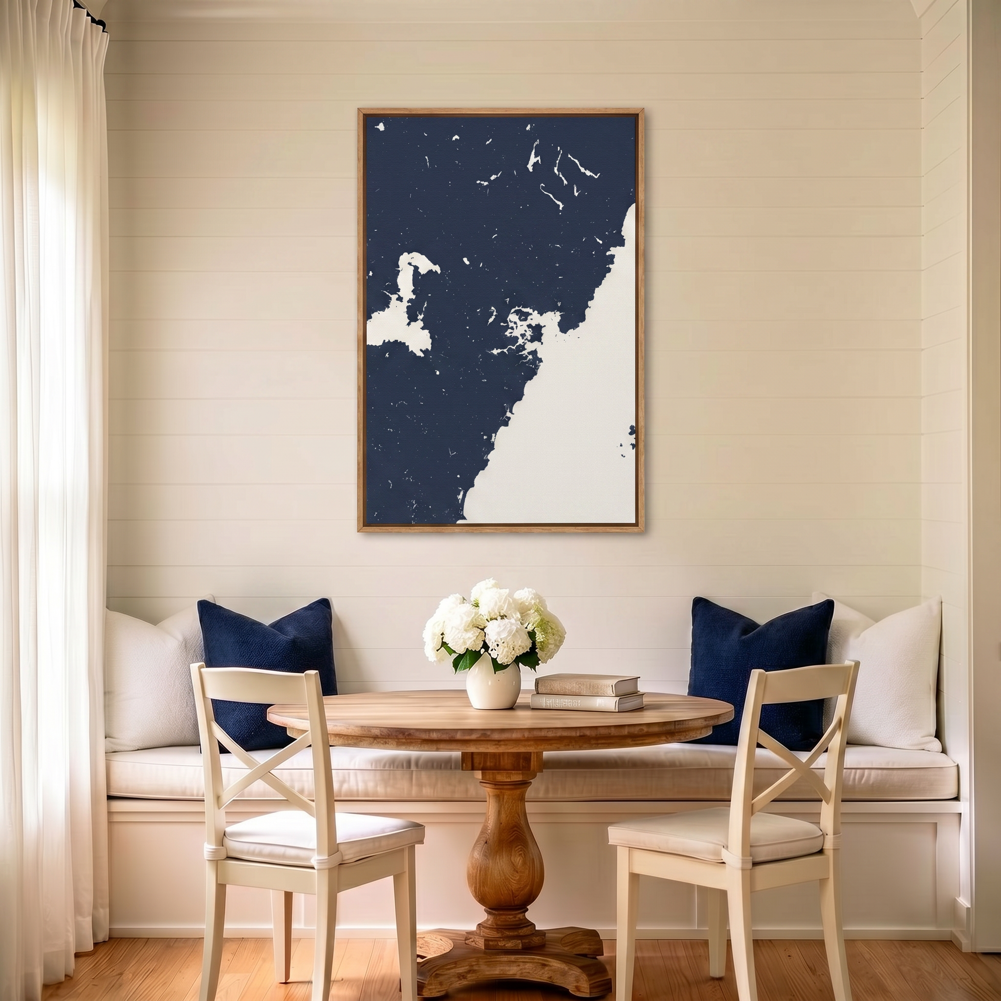 Portsmouth canvas map art in dining nook setting