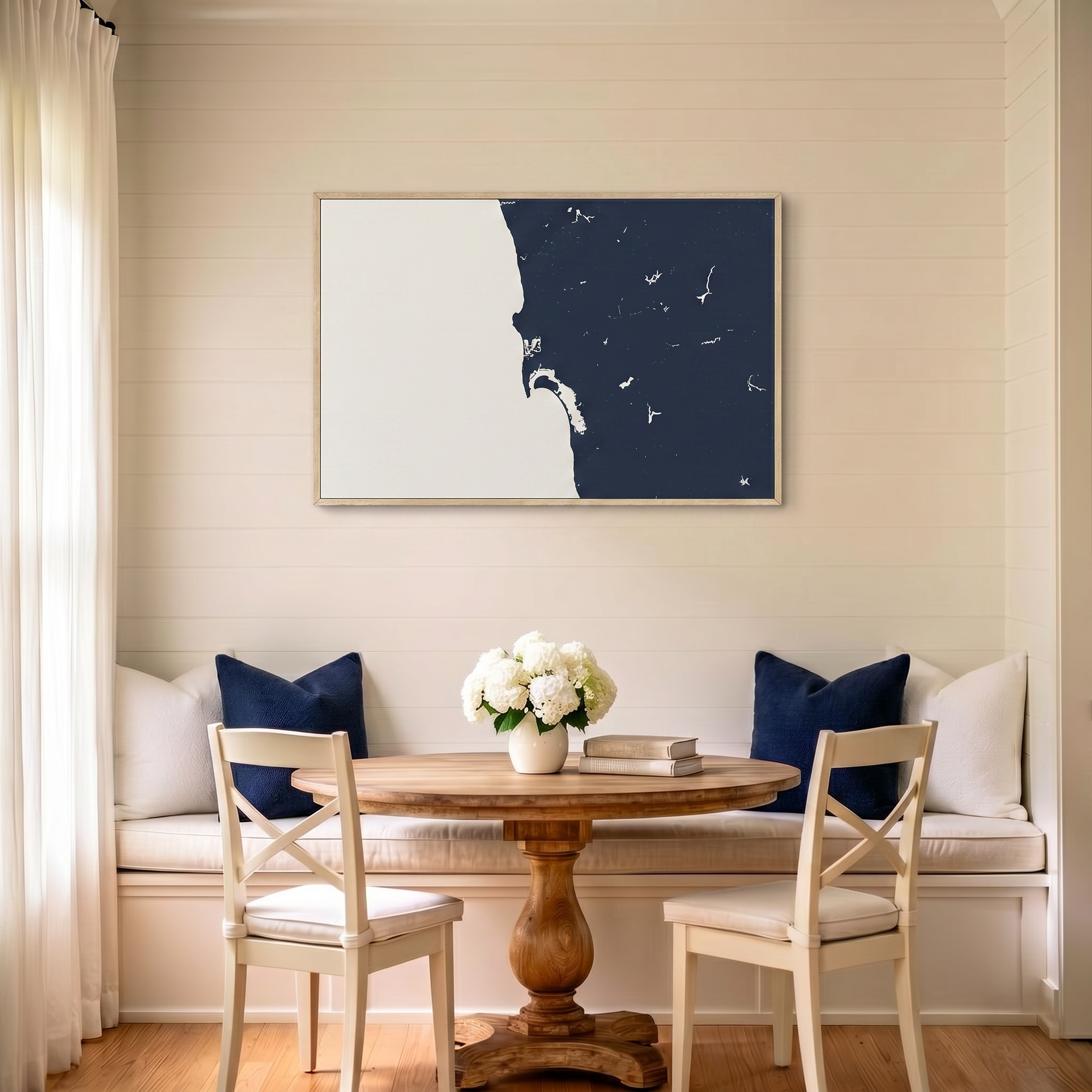 San Diego Coast canvas map art in dining nook setting