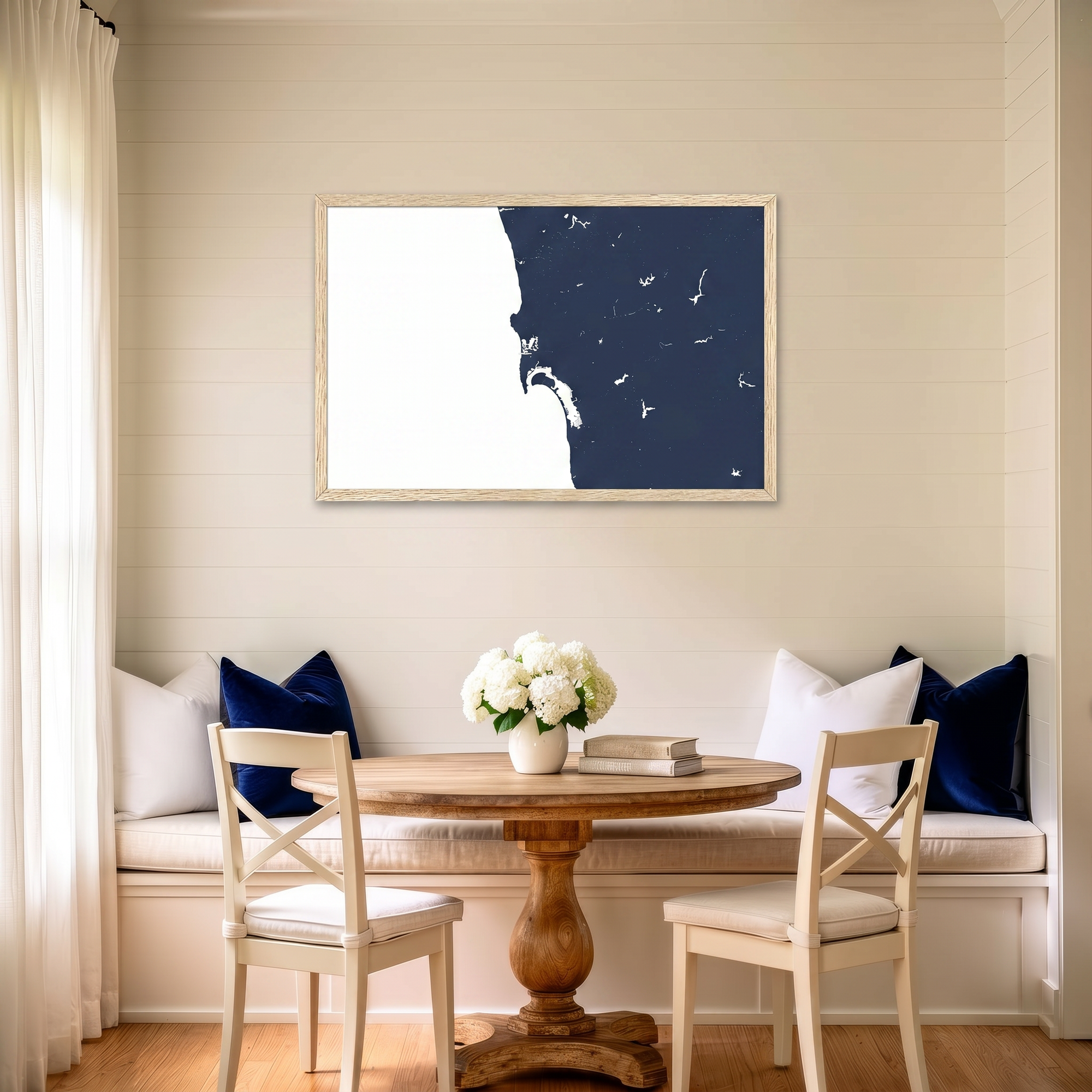San Diego Coast matte map art in dining nook setting