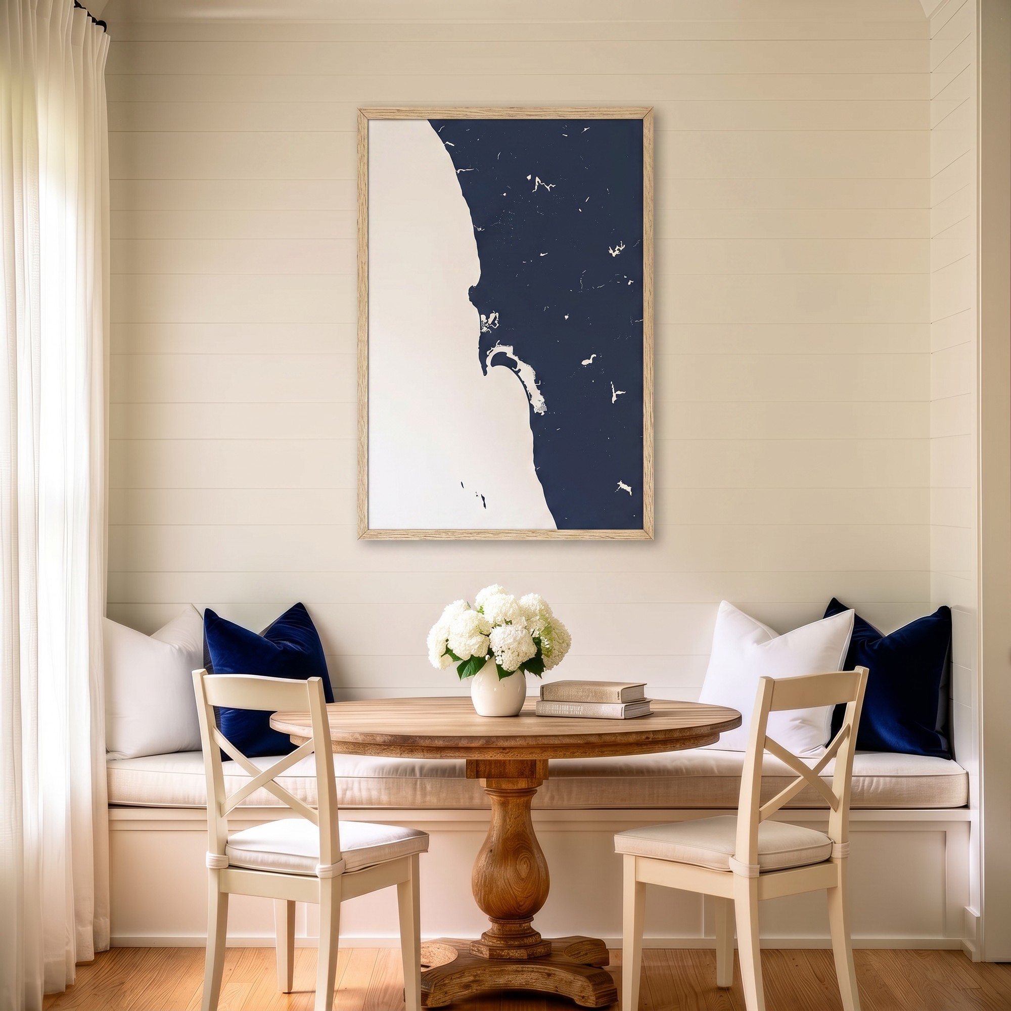 San Diego Coast matte map art in dining nook setting