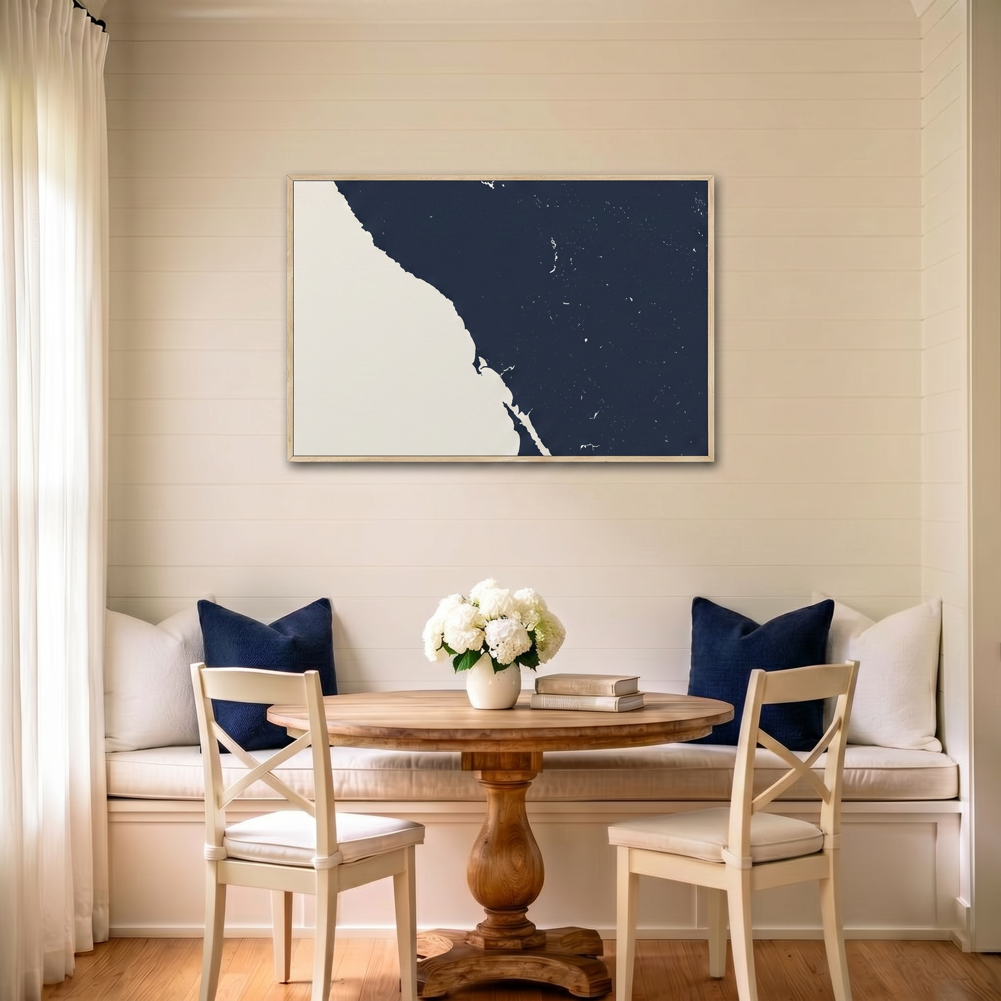 Sonoma Coast canvas map art in dining nook setting