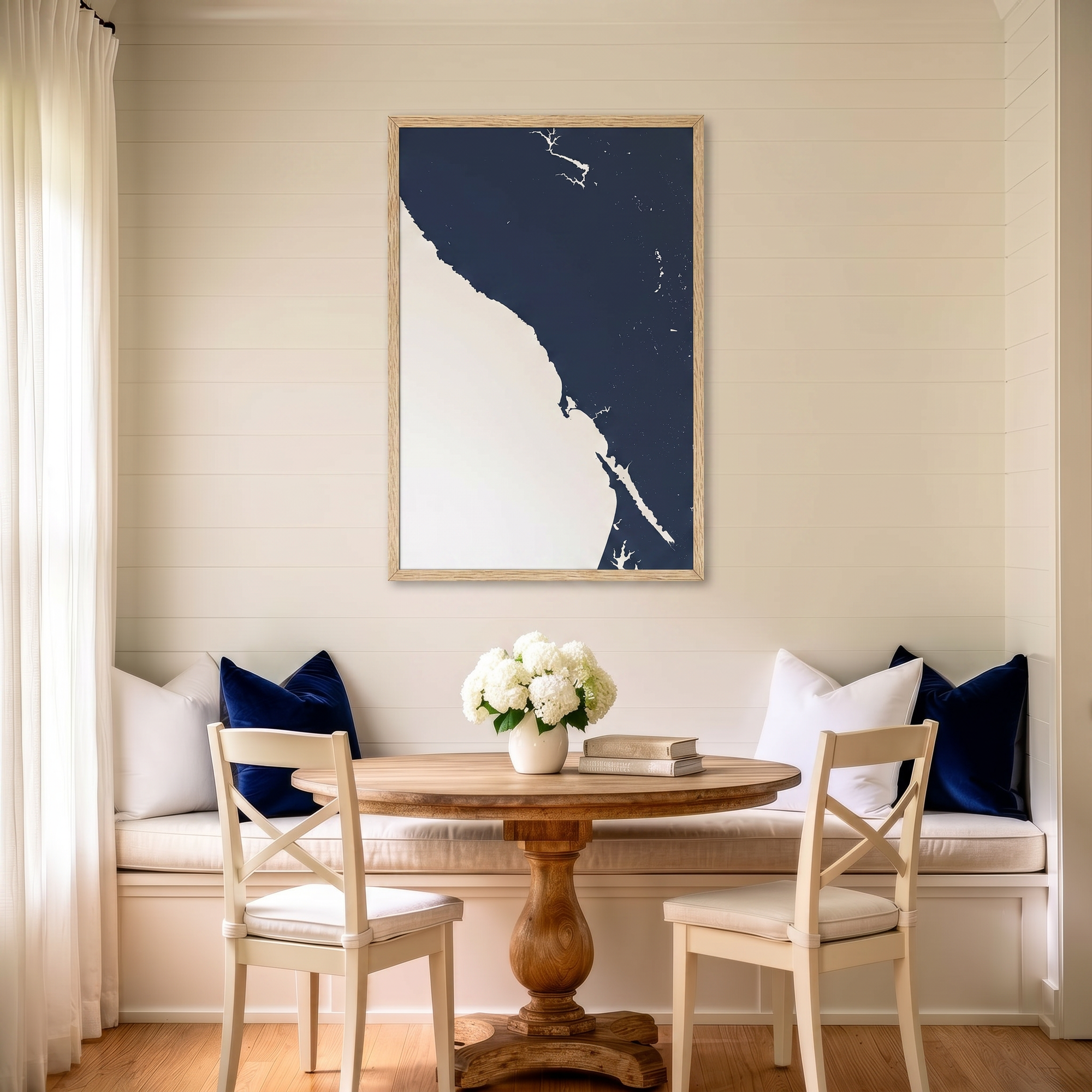 Sonoma Coast matte map art in dining nook setting