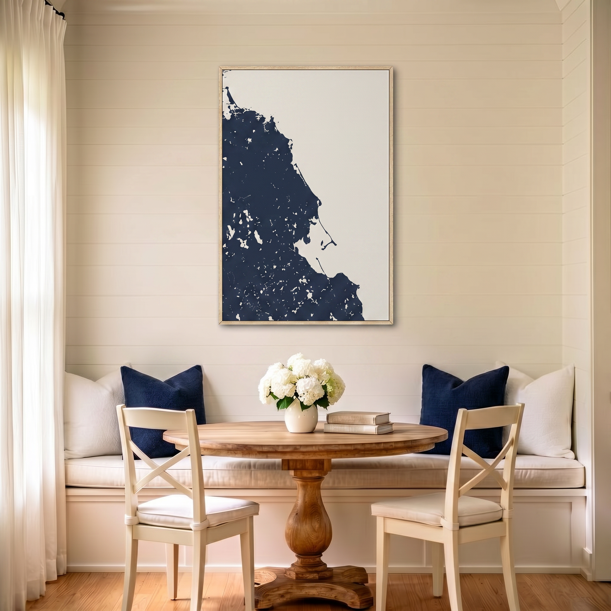 South Shore Massachusetts canvas map art in dining nook setting
