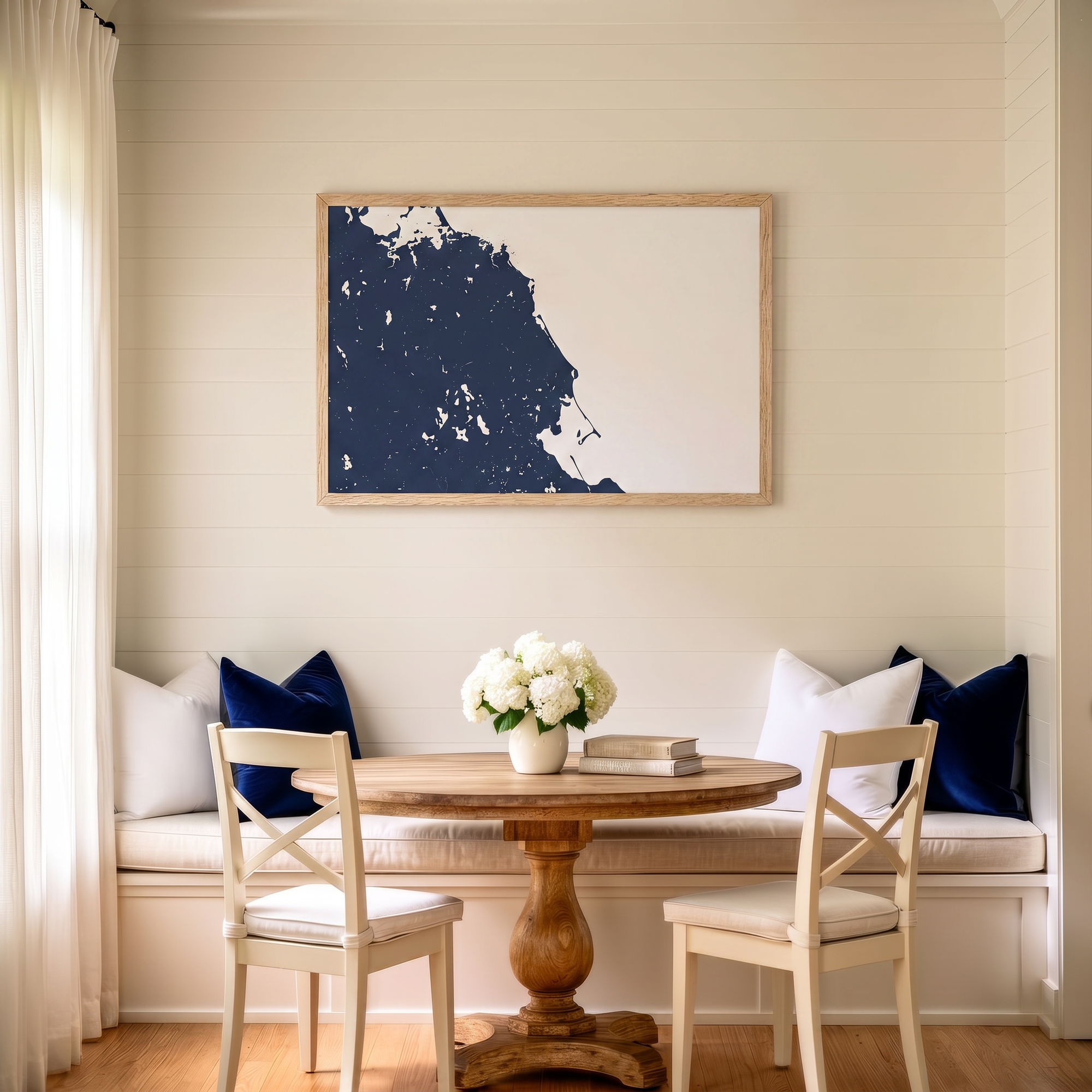 South Shore Massachusetts matte map art in dining nook setting