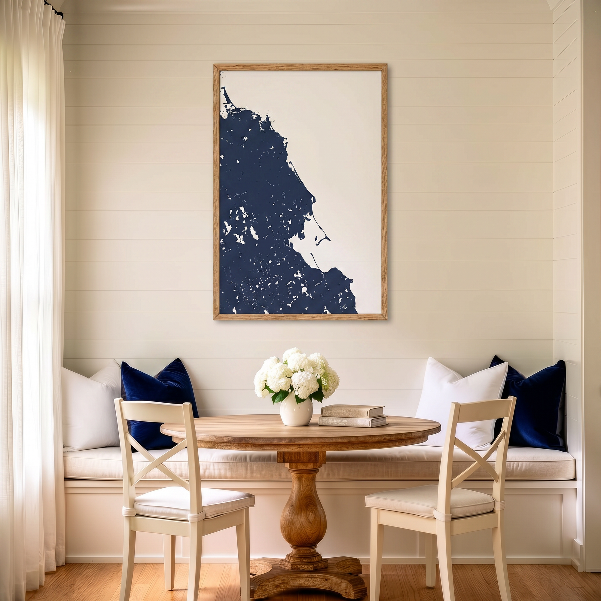 South Shore Massachusetts matte map art in dining nook setting