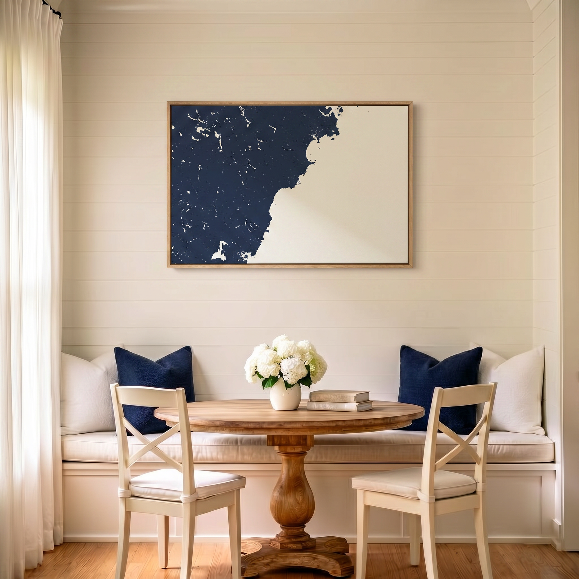 Southern Maine Coast canvas map art in dining nook setting