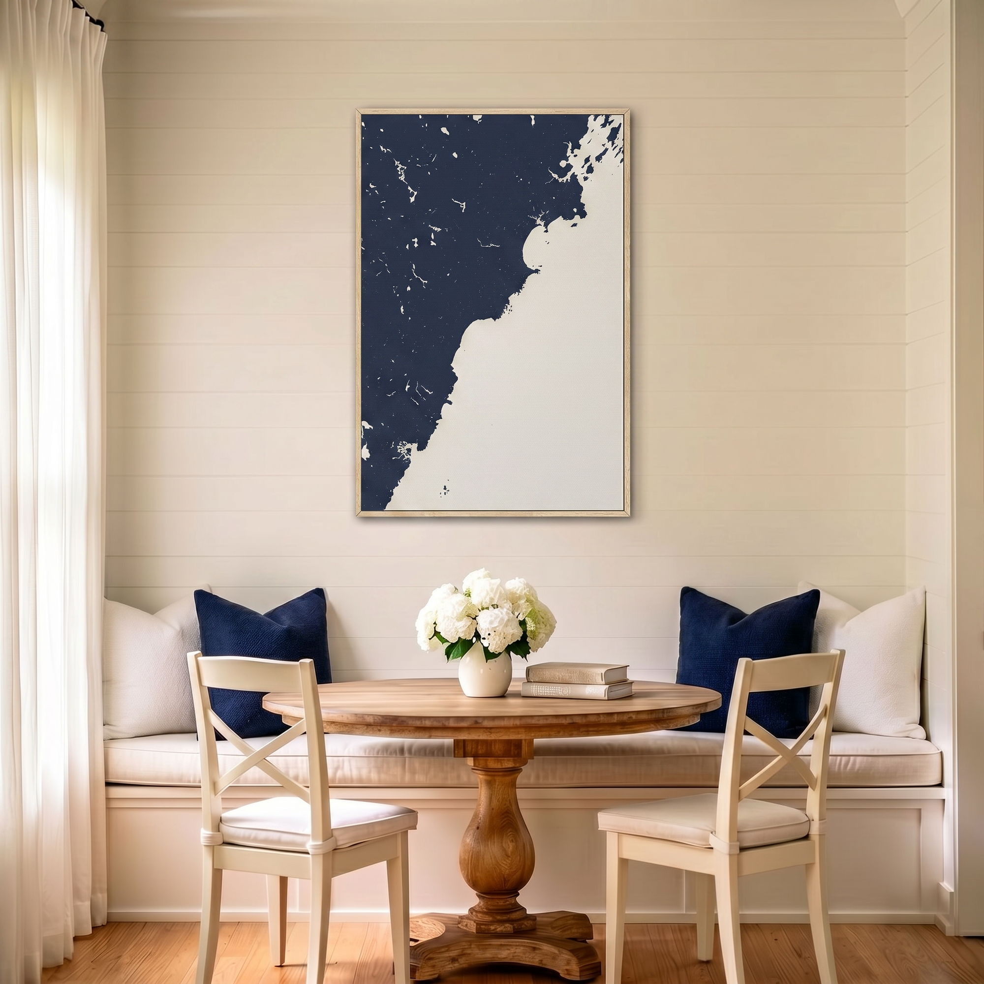 Southern Maine Coast canvas map art in dining nook setting