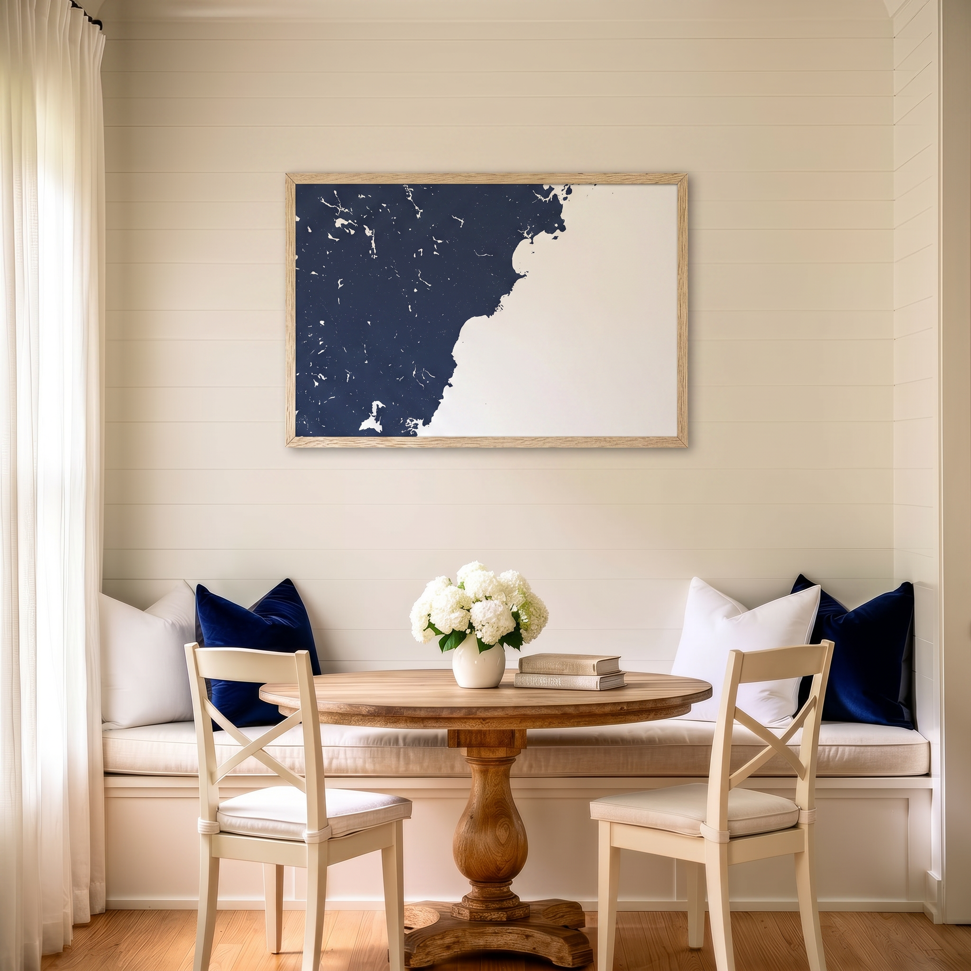 Southern Maine Coast matte map art in dining nook setting