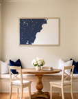 Southern Maine Coast matte map art in dining nook setting