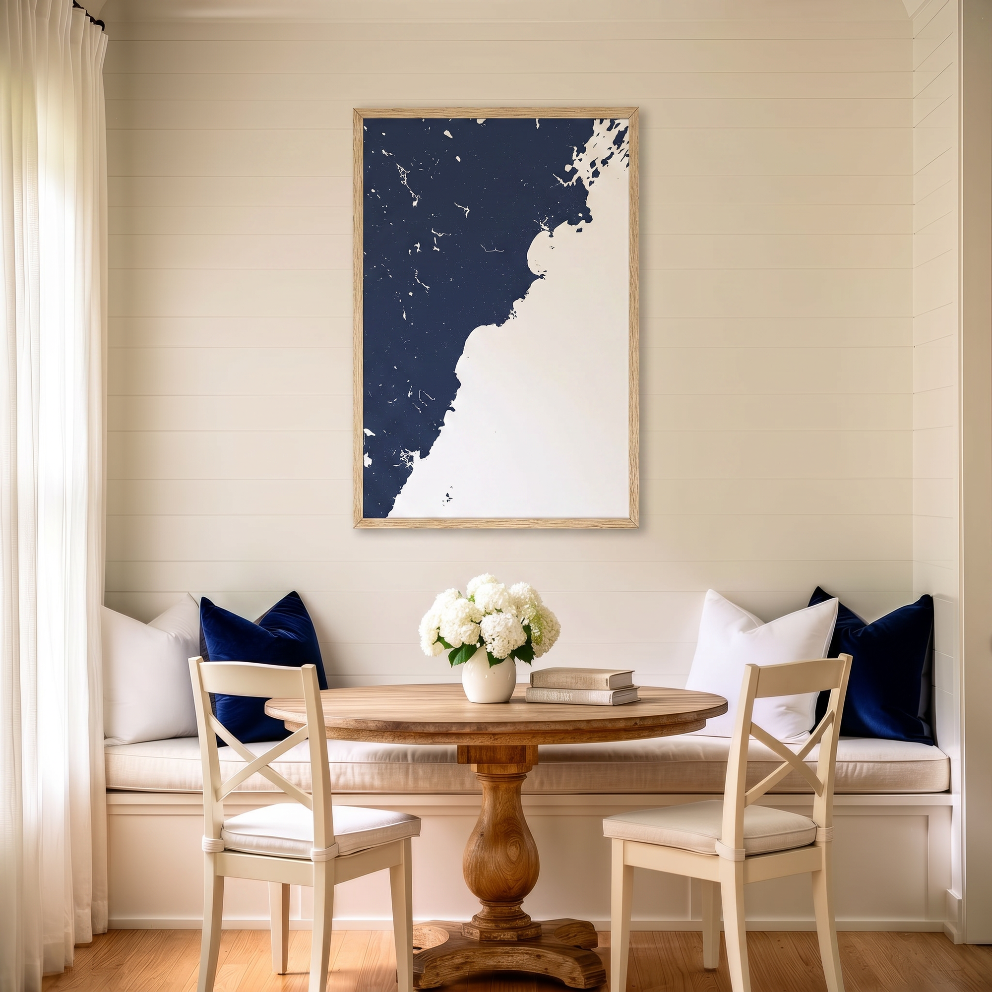 Southern Maine Coast matte map art in dining nook setting