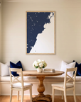 Southern Maine Coast matte map art in dining nook setting