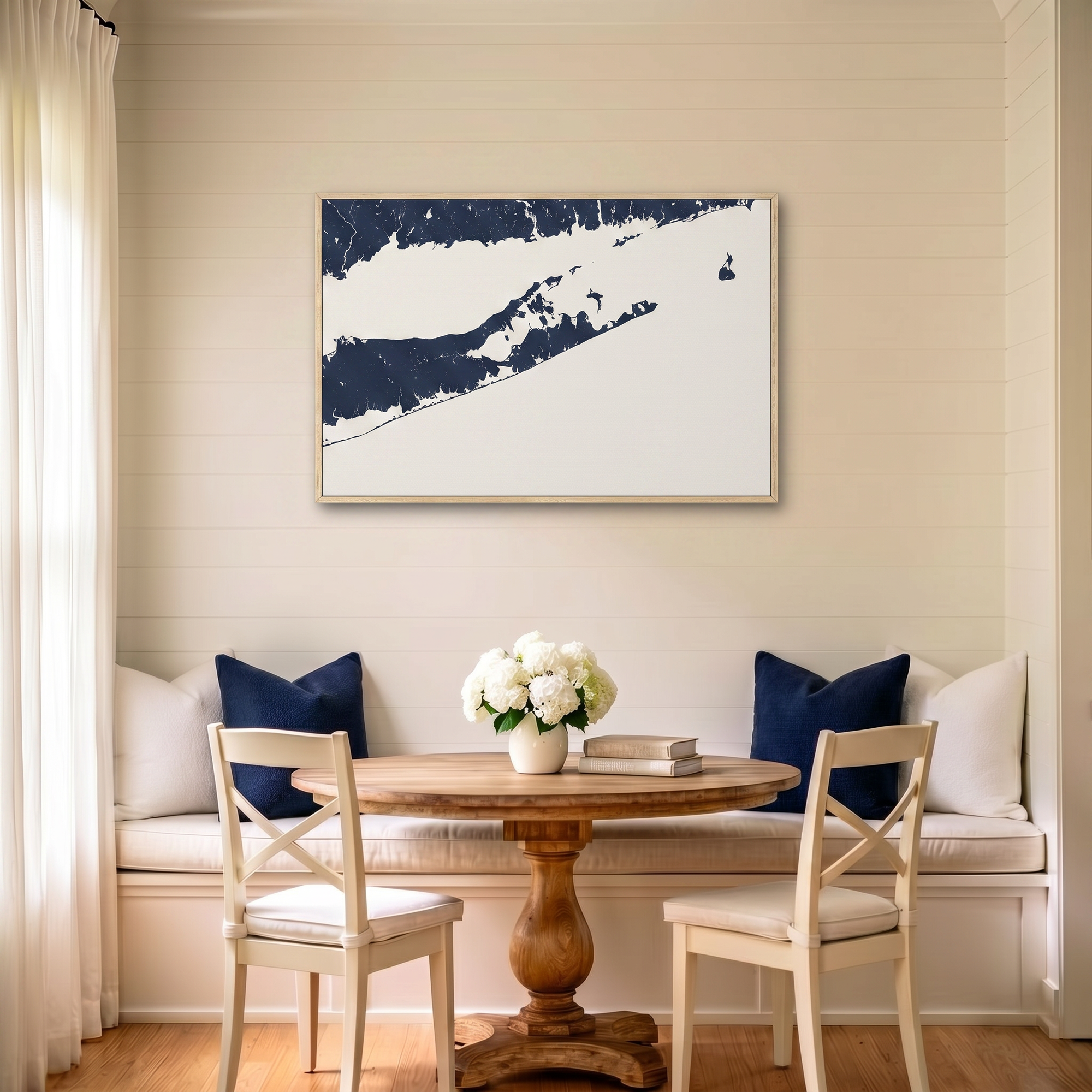 The Hamptons canvas map art in dining nook setting